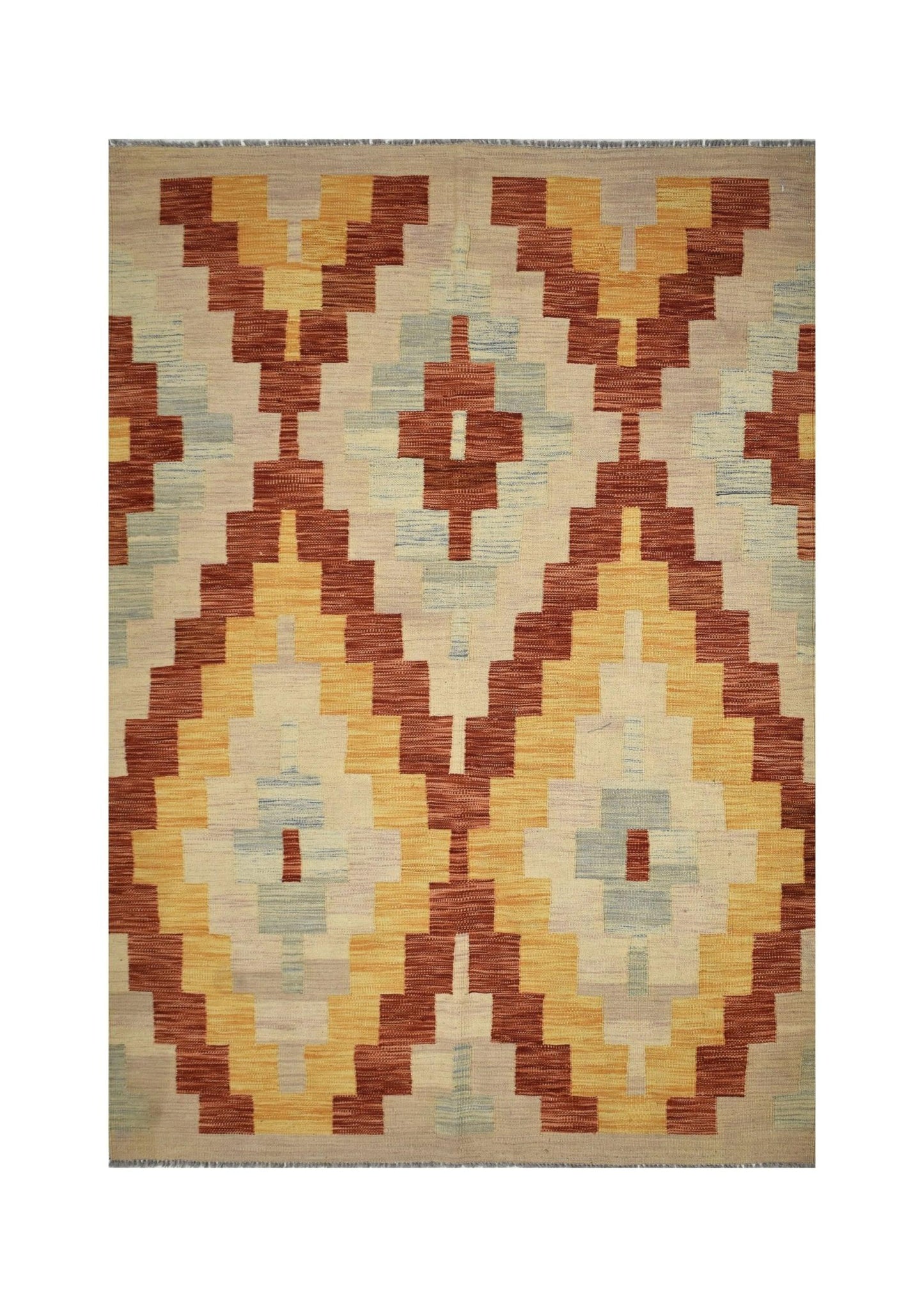 Handmade Afghan Maimana kilim rug featuring a geometric pattern in shades of red, yellow, and blue.