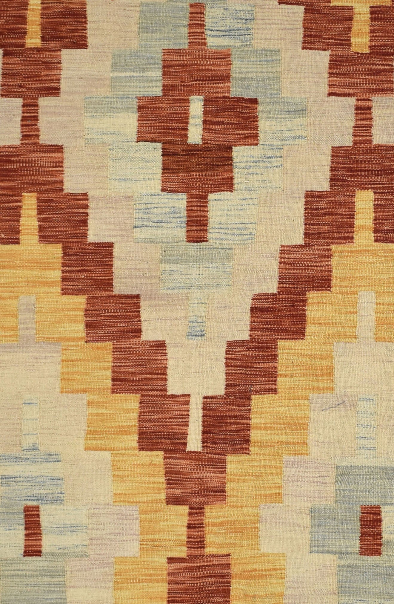 Handmade Afghan Maimana kilim rug featuring a geometric pattern in earthy red, yellow, and blue.