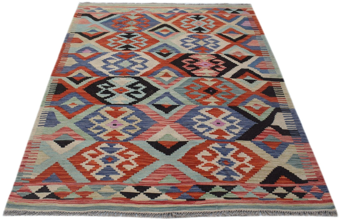 Handwoven Afghan Maimana kilim rug featuring a colorful geometric diamond pattern in wool.