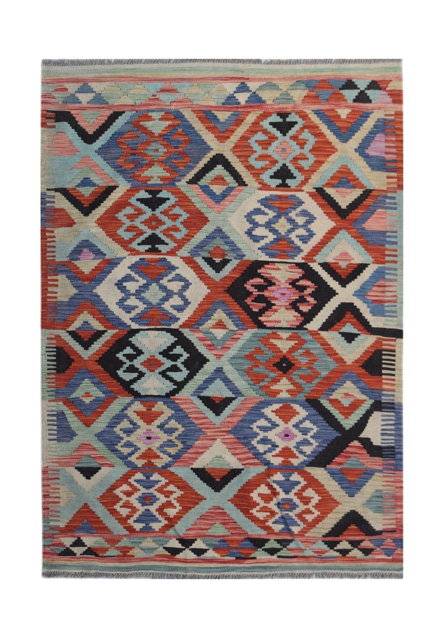 Handwoven Afghan Maimana kilim rug featuring a colorful geometric diamond pattern in wool.