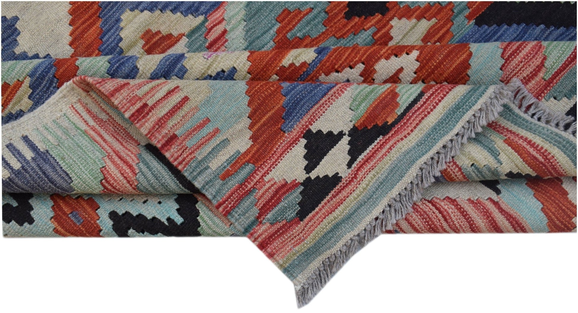 Handwoven Afghan Maimana kilim rug featuring a geometric pattern in vibrant wool colors.