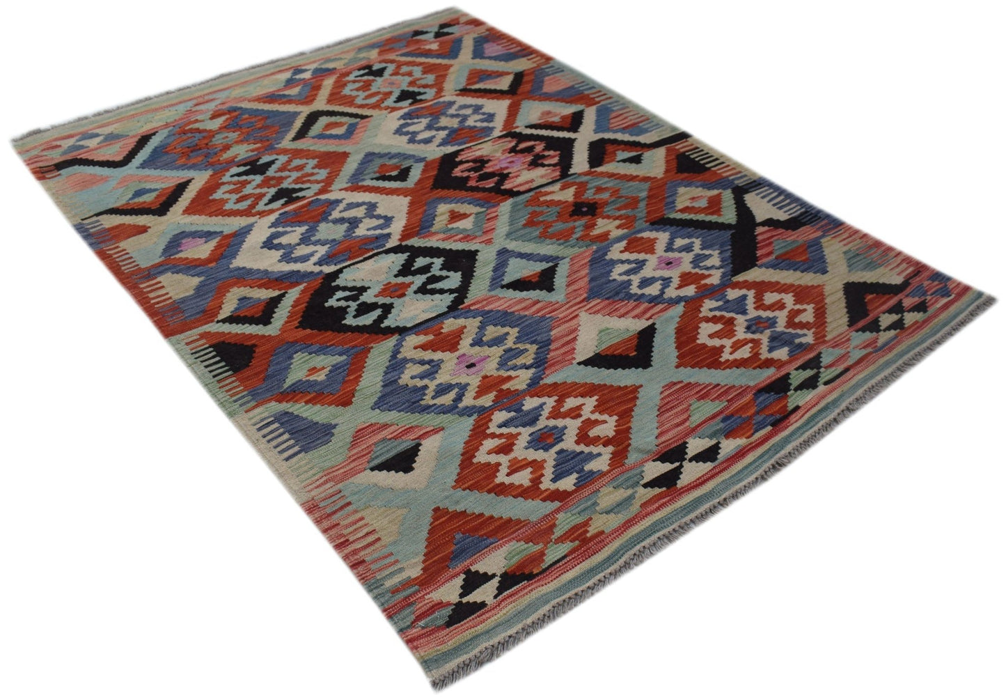 Handwoven Afghan Maimana kilim rug featuring a geometric pattern in red, blue, and cream tones.