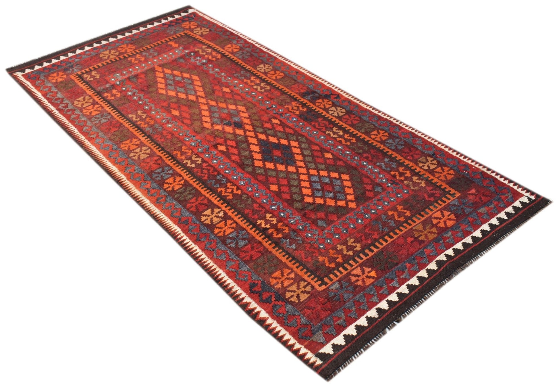 Handwoven Afghan Maimana kilim rug featuring a geometric diamond pattern in red and blue tones.