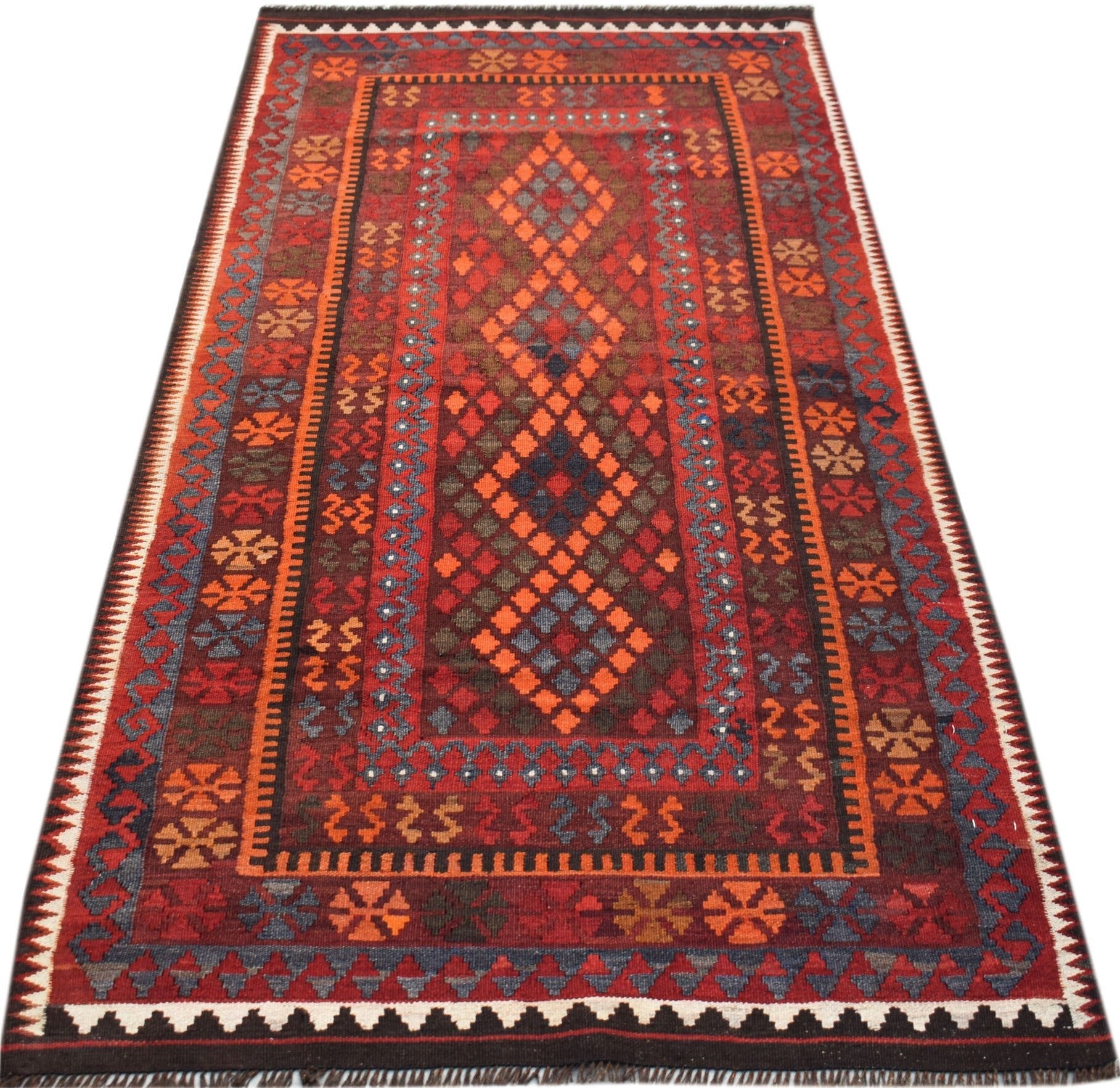 Handwoven Afghan Maimana kilim rug featuring a geometric diamond pattern in red and orange tones.
