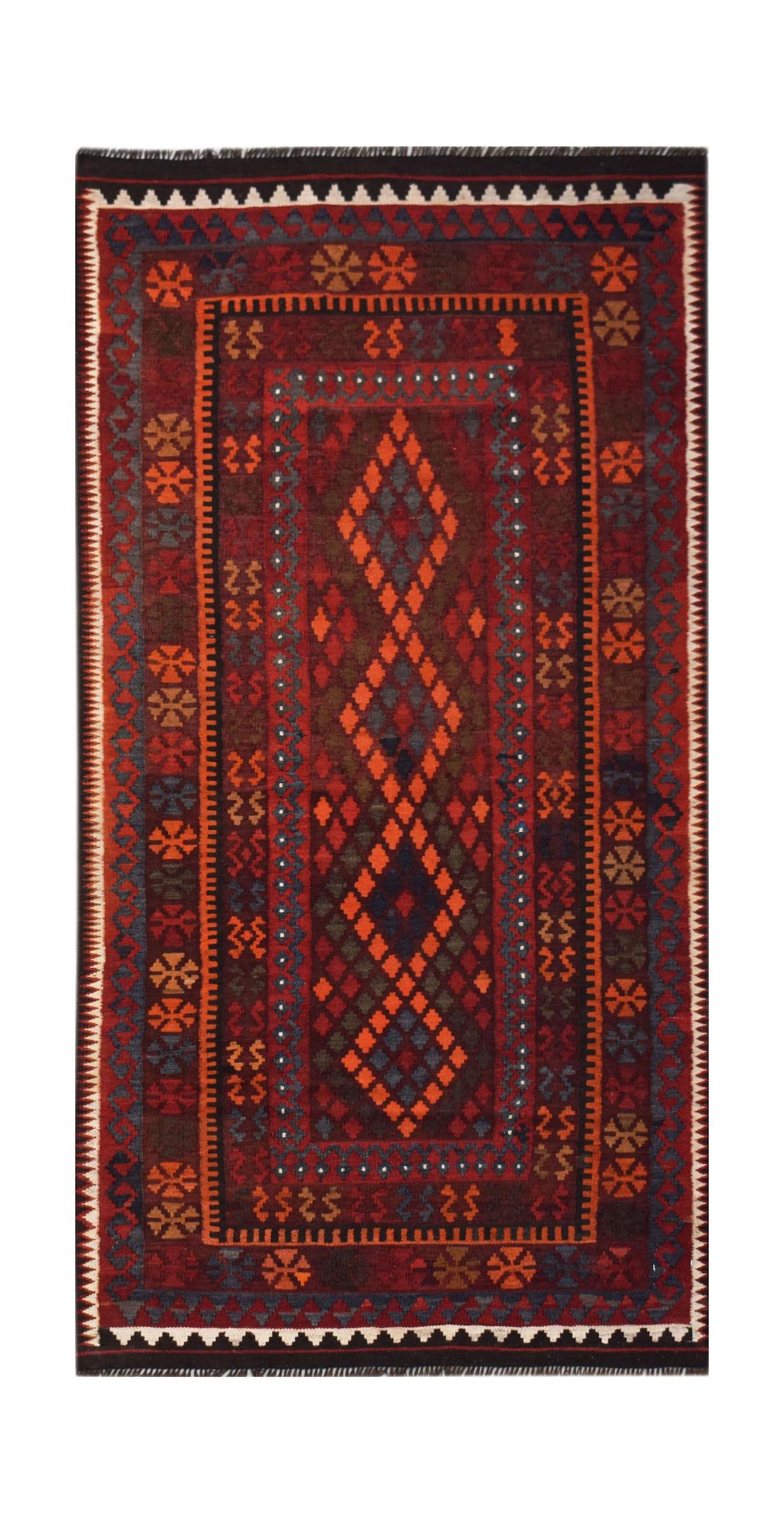 Handwoven Afghan Maimana kilim featuring a geometric diamond pattern in red and orange tones.