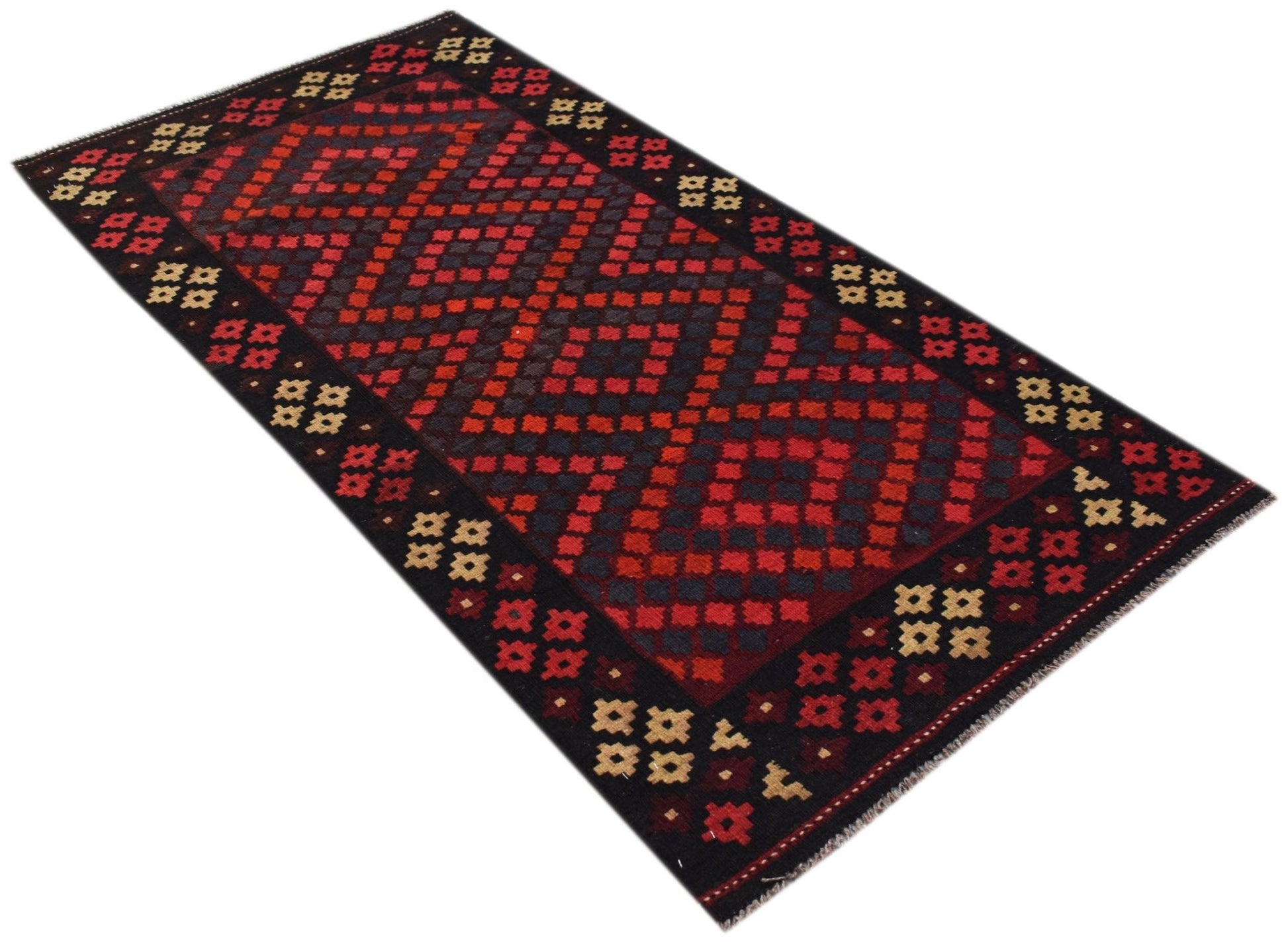 A rectangular Afghan Maimana kilim featuring a geometric diamond pattern in red and dark blue.