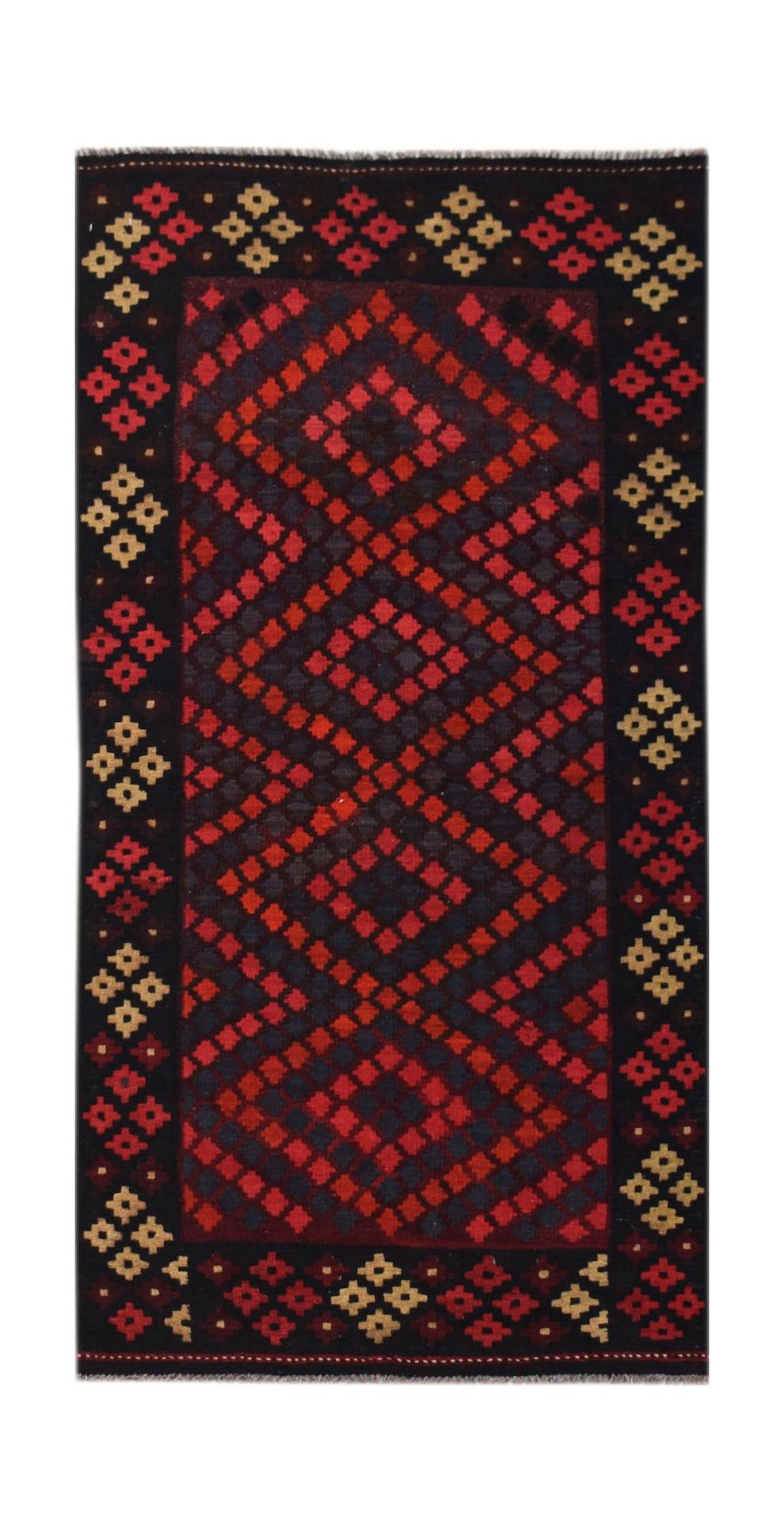 Handwoven Afghan Maimana kilim featuring a geometric diamond pattern in red and dark blue tones.