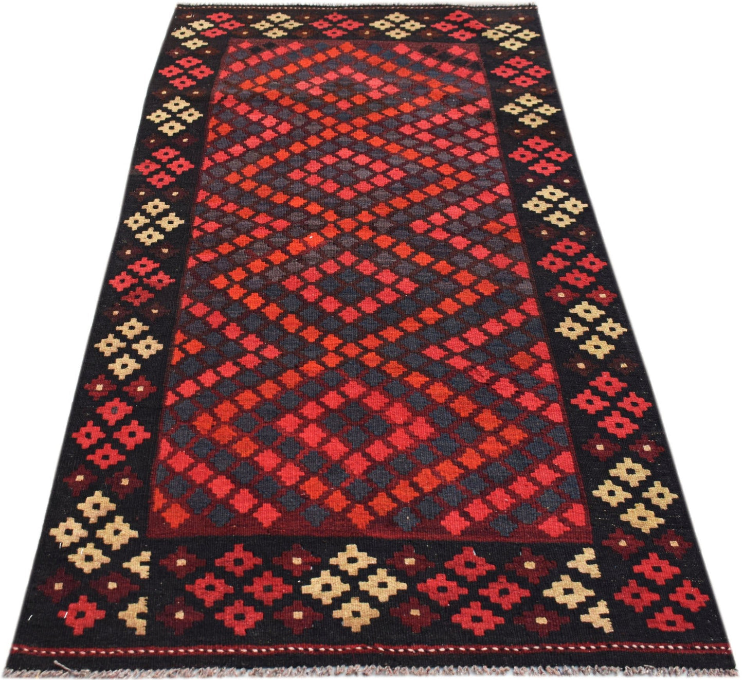 Handwoven Afghan Maimana kilim rug featuring a red and black diamond pattern with a geometric border.