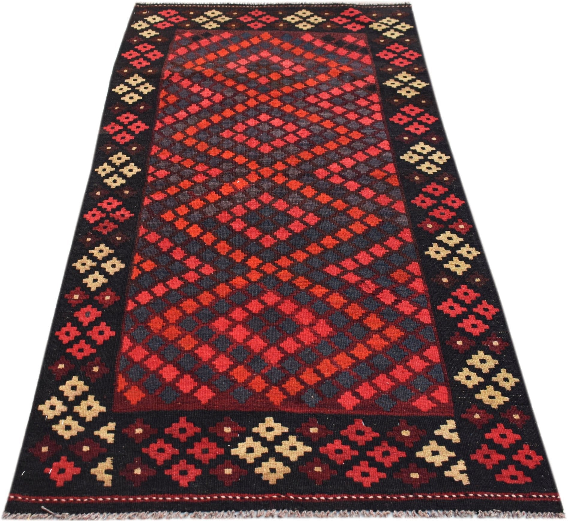 Handwoven Afghan Maimana kilim rug featuring a red and black diamond pattern with a geometric border.