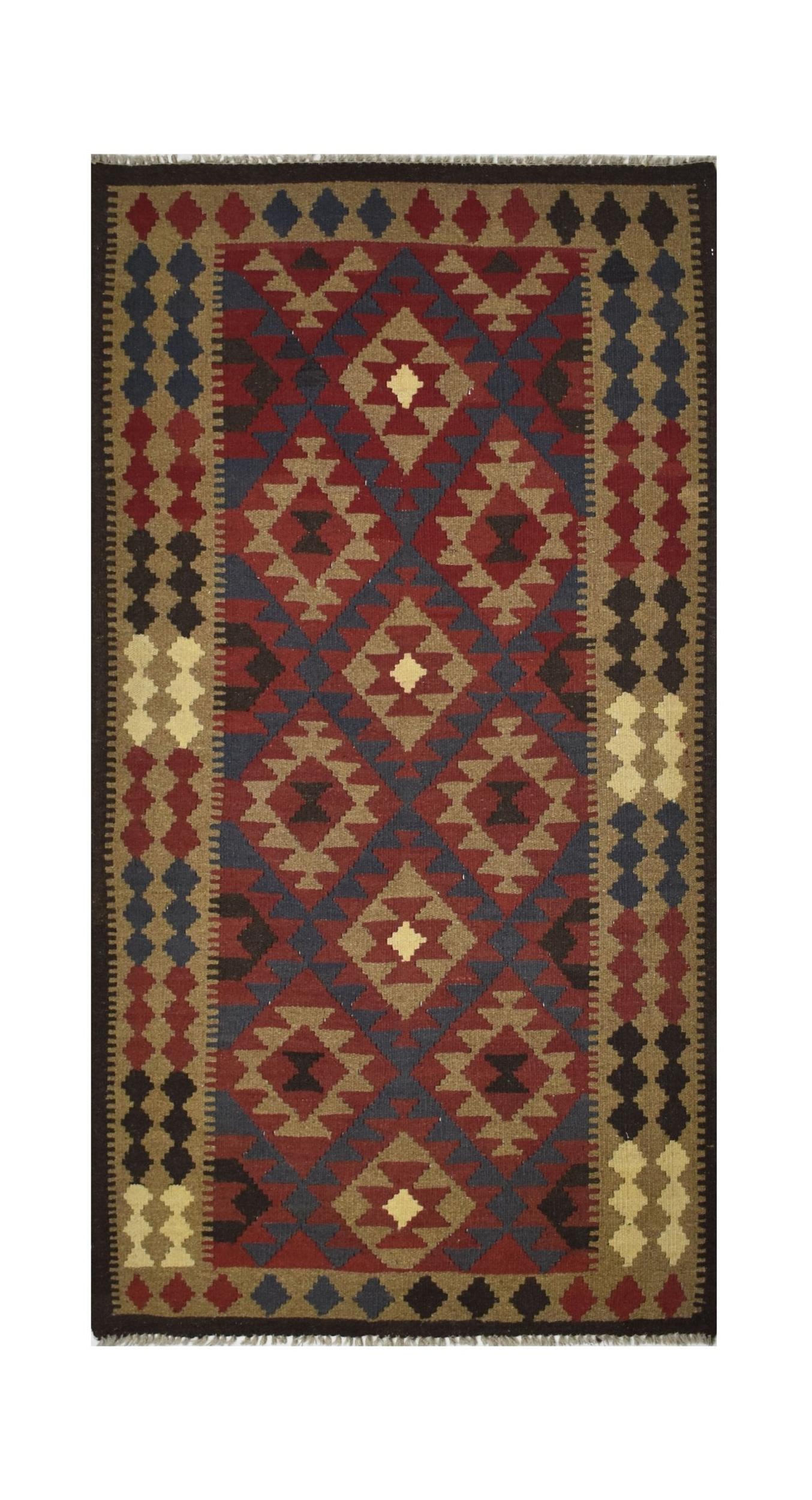 Handmade Afghan Maimana kilim rug featuring a geometric diamond pattern in red, blue, and tan.