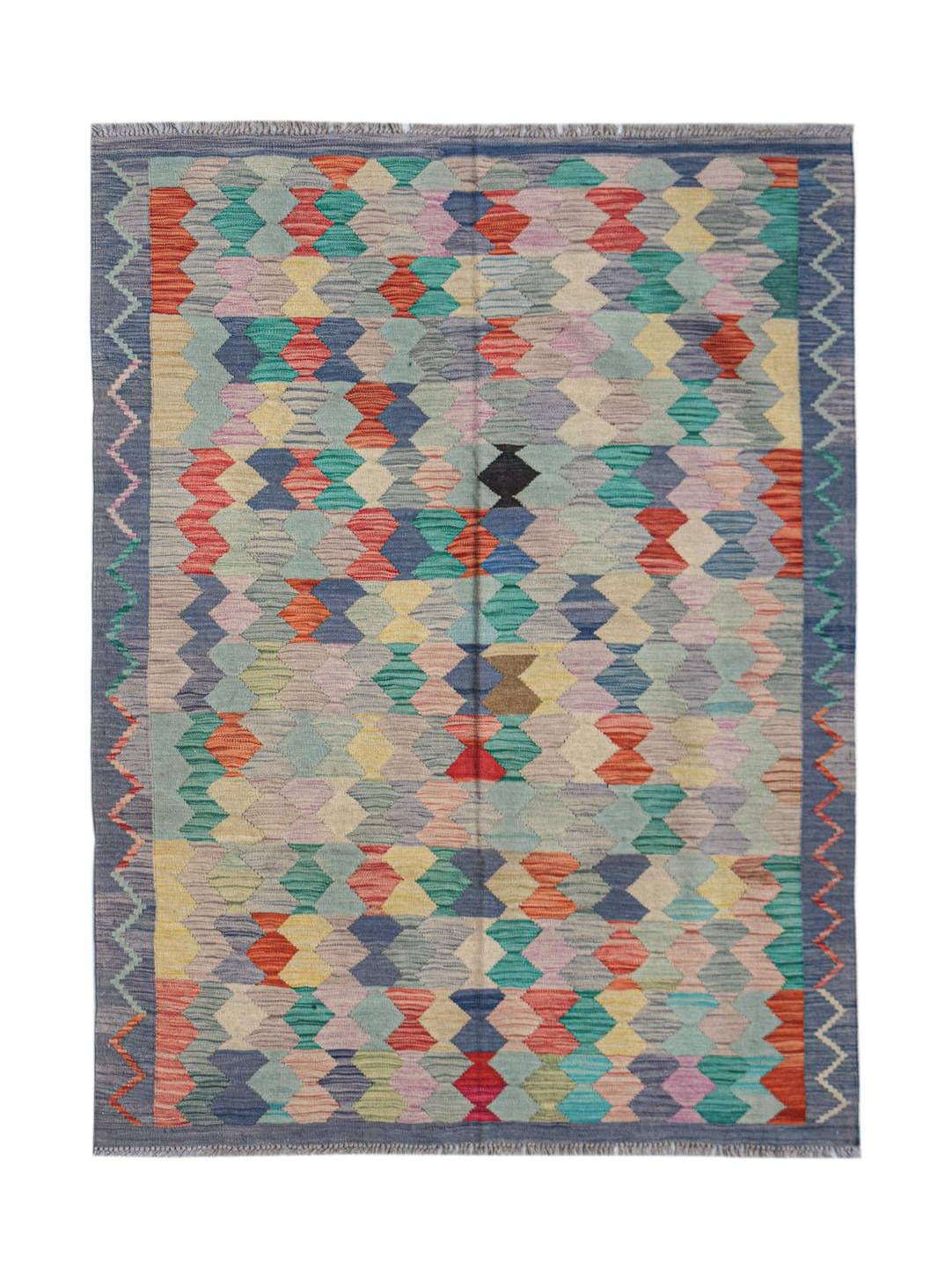 Afghan Maimana Kilim with geometric diamond pattern in multiple colors.
