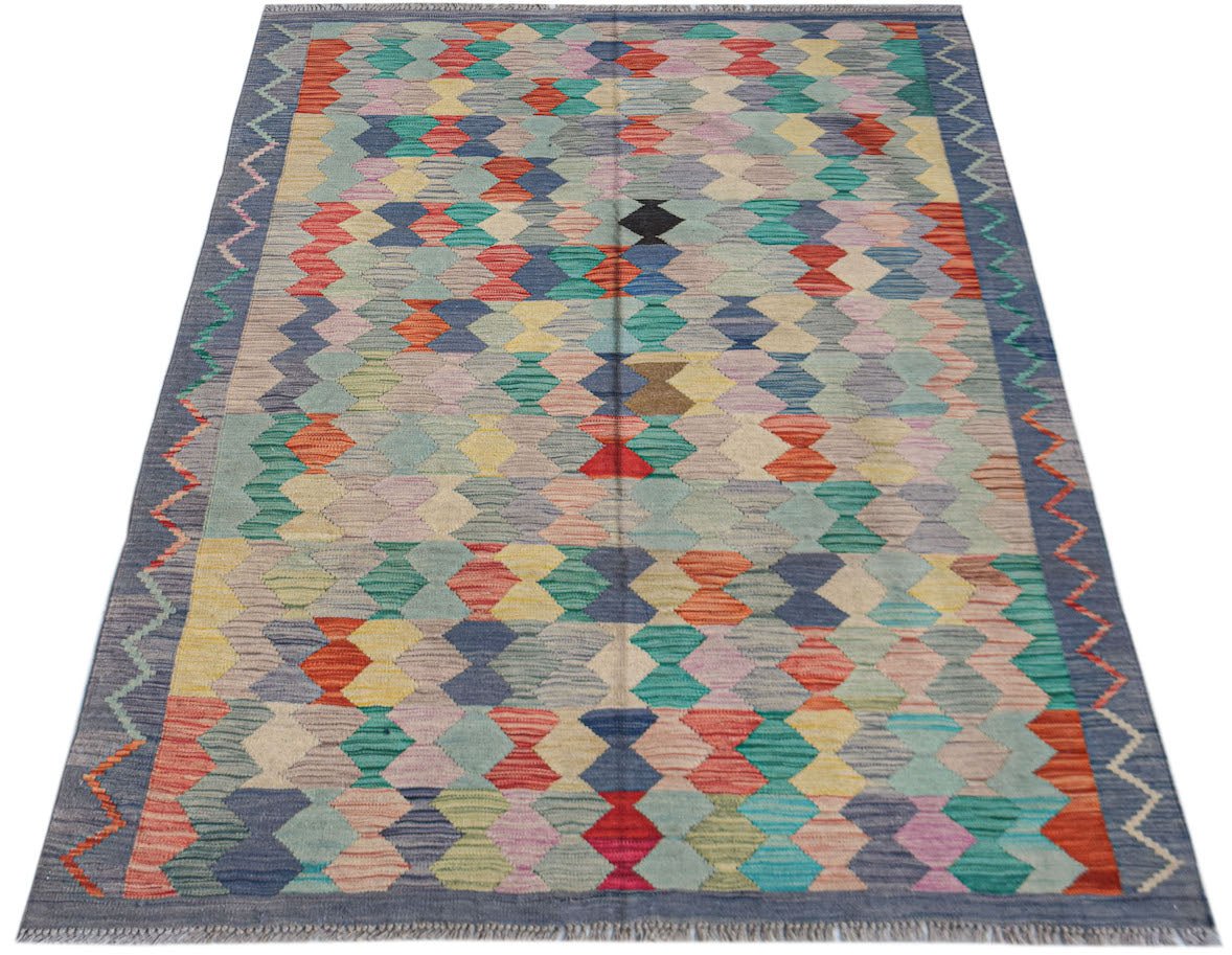 Afghan Maimana Kilim with geometric diamond pattern in multiple colors.
