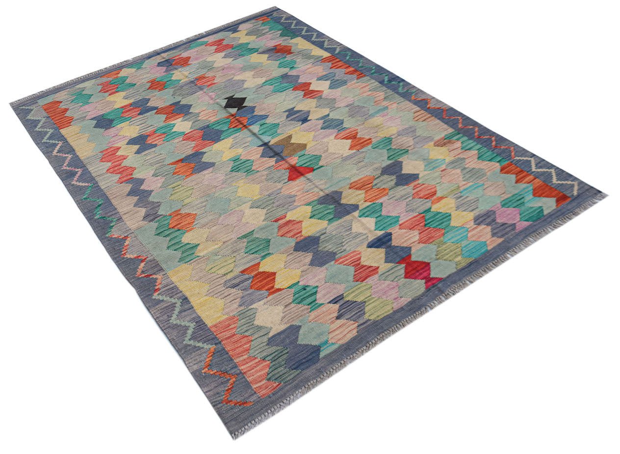 Afghan Maimana Kilim with geometric patterns in multiple colors.