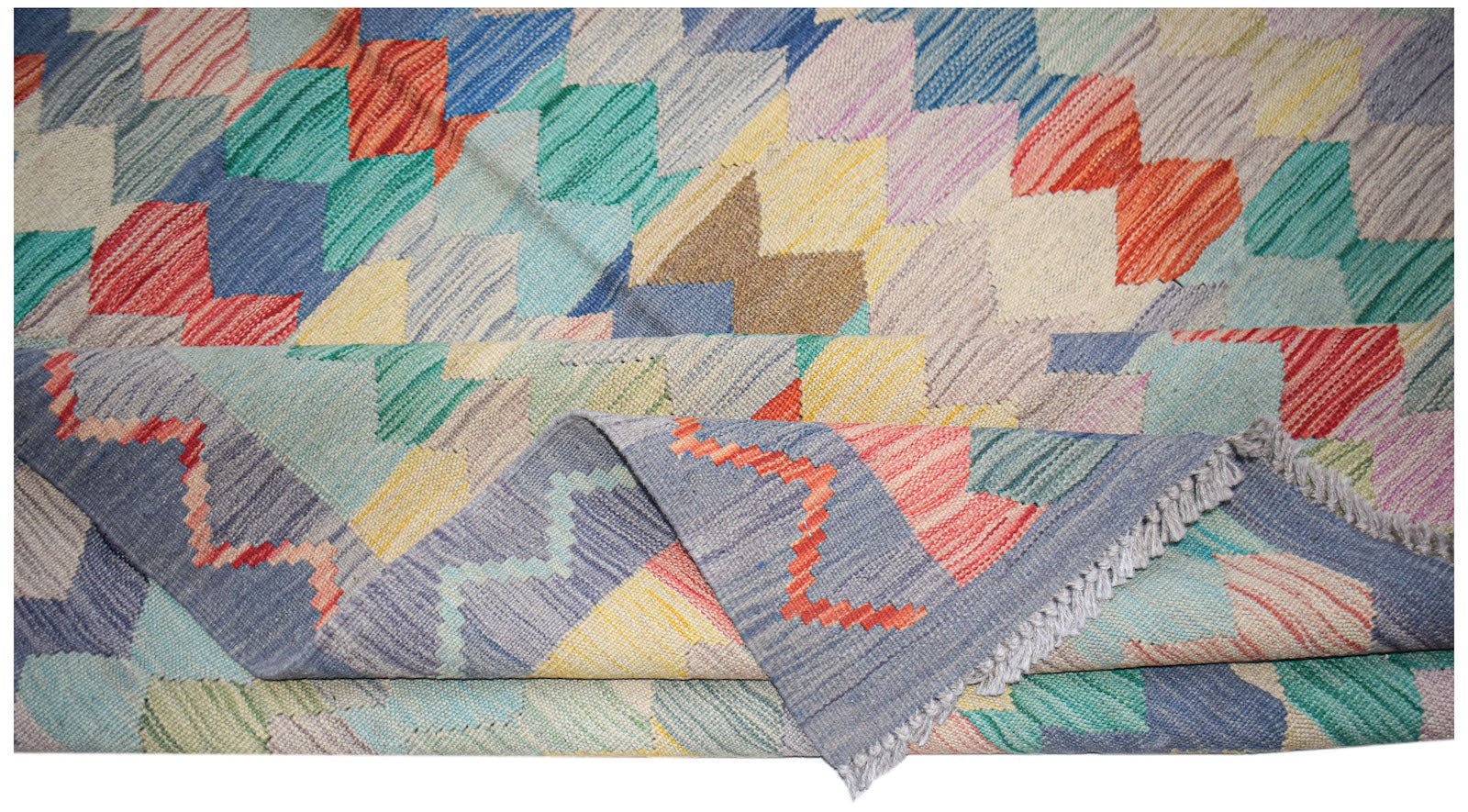 Afghan Maimana Kilim with a colorful geometric pattern.