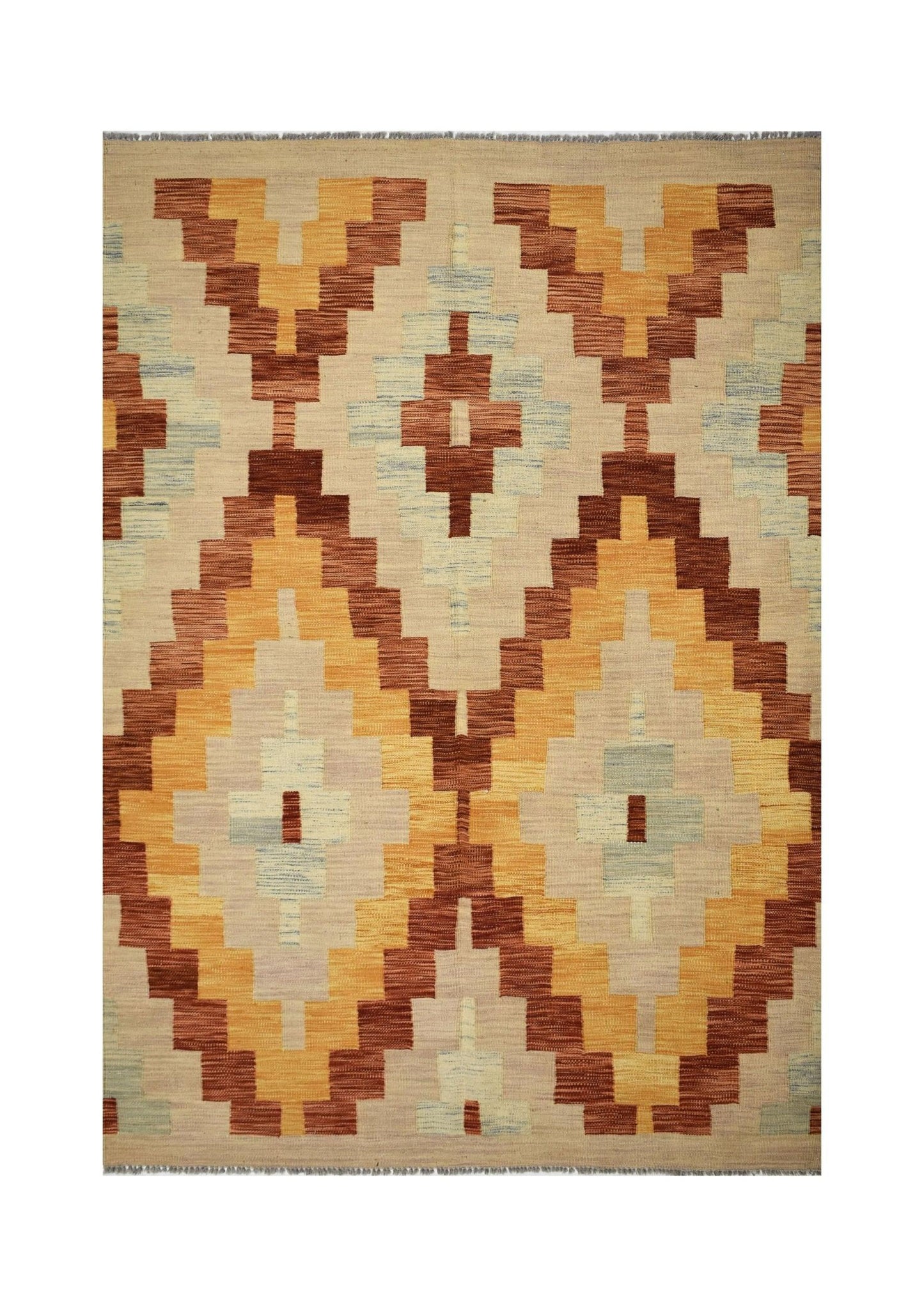 Handmade Afghan Maimana kilim rug featuring a geometric diamond pattern in warm earth tones.