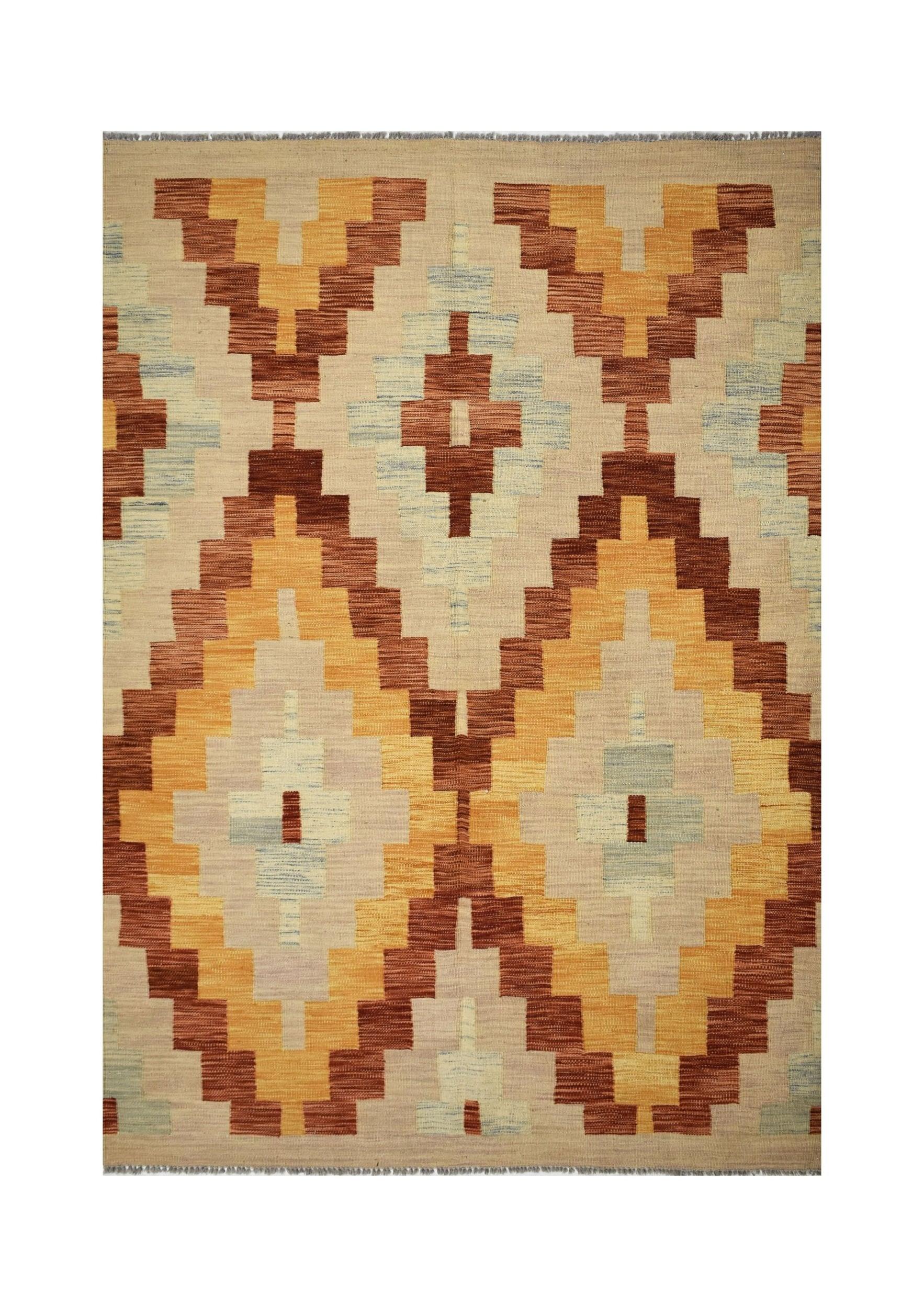 Handmade Afghan Maimana kilim rug featuring a geometric diamond pattern in warm earth tones.