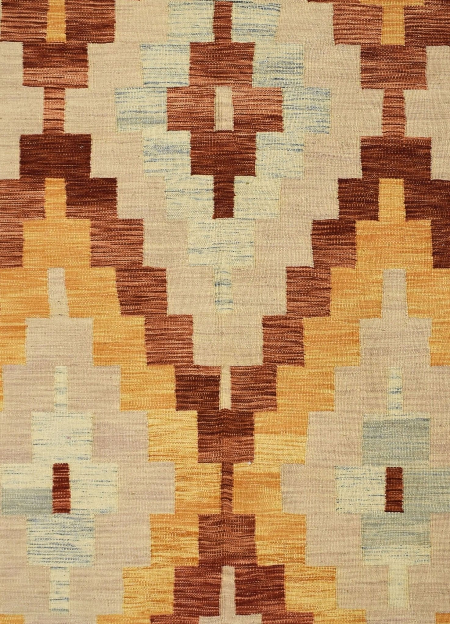 Handmade Afghan Maimana kilim rug featuring a geometric pattern in shades of brown, gold, and blue.