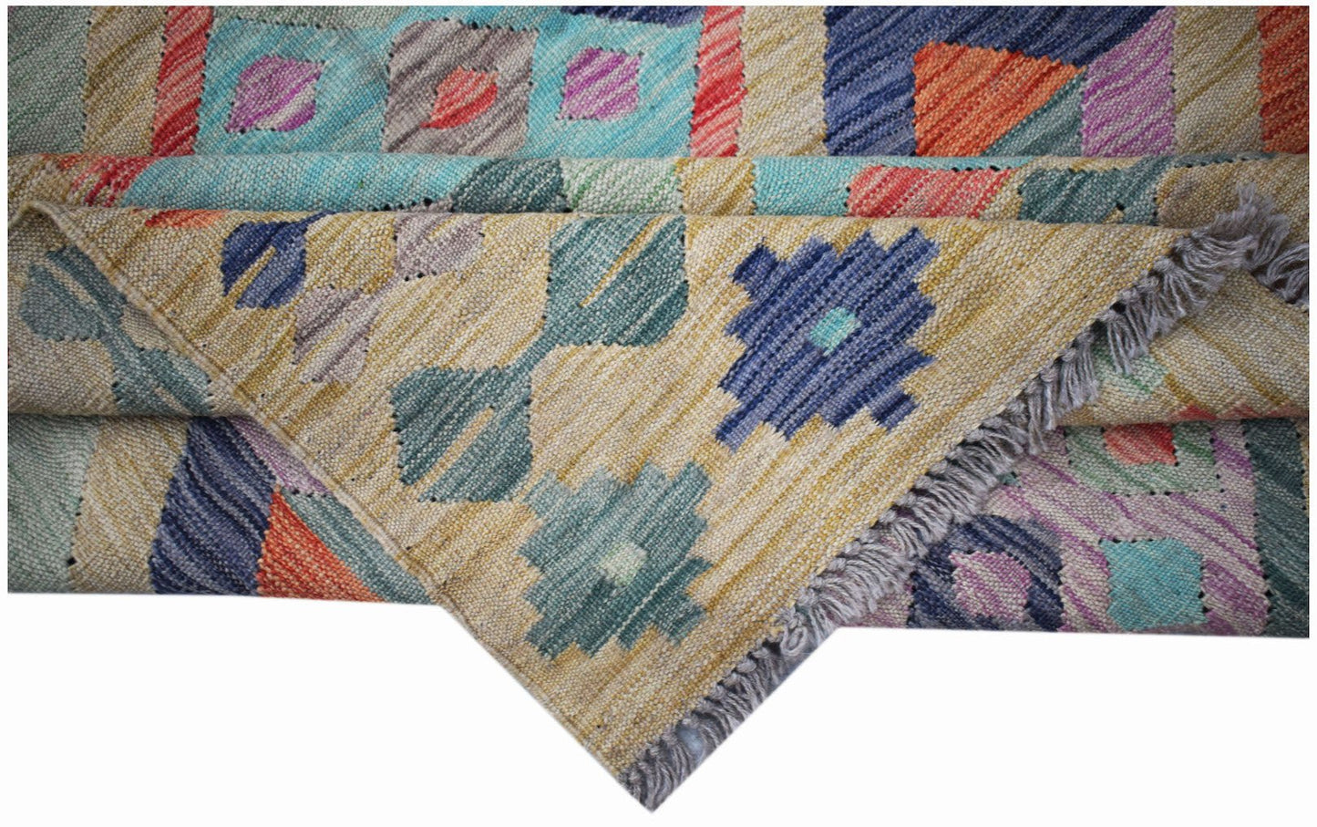 A handmade Afghan Maimana kilim rug featuring colorful geometric patterns and a flatweave texture.