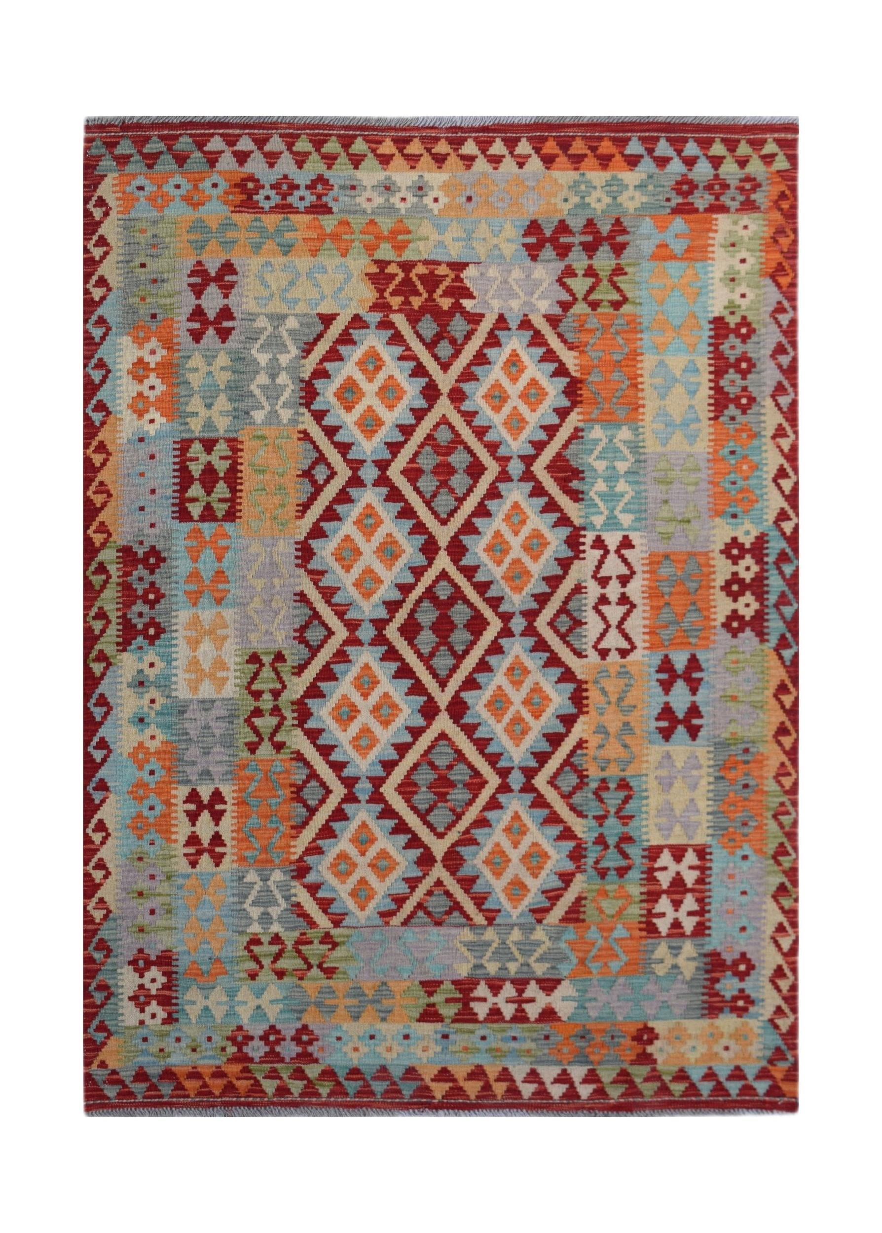 Handwoven Afghan Maimana kilim rug featuring a colorful geometric diamond pattern in wool.