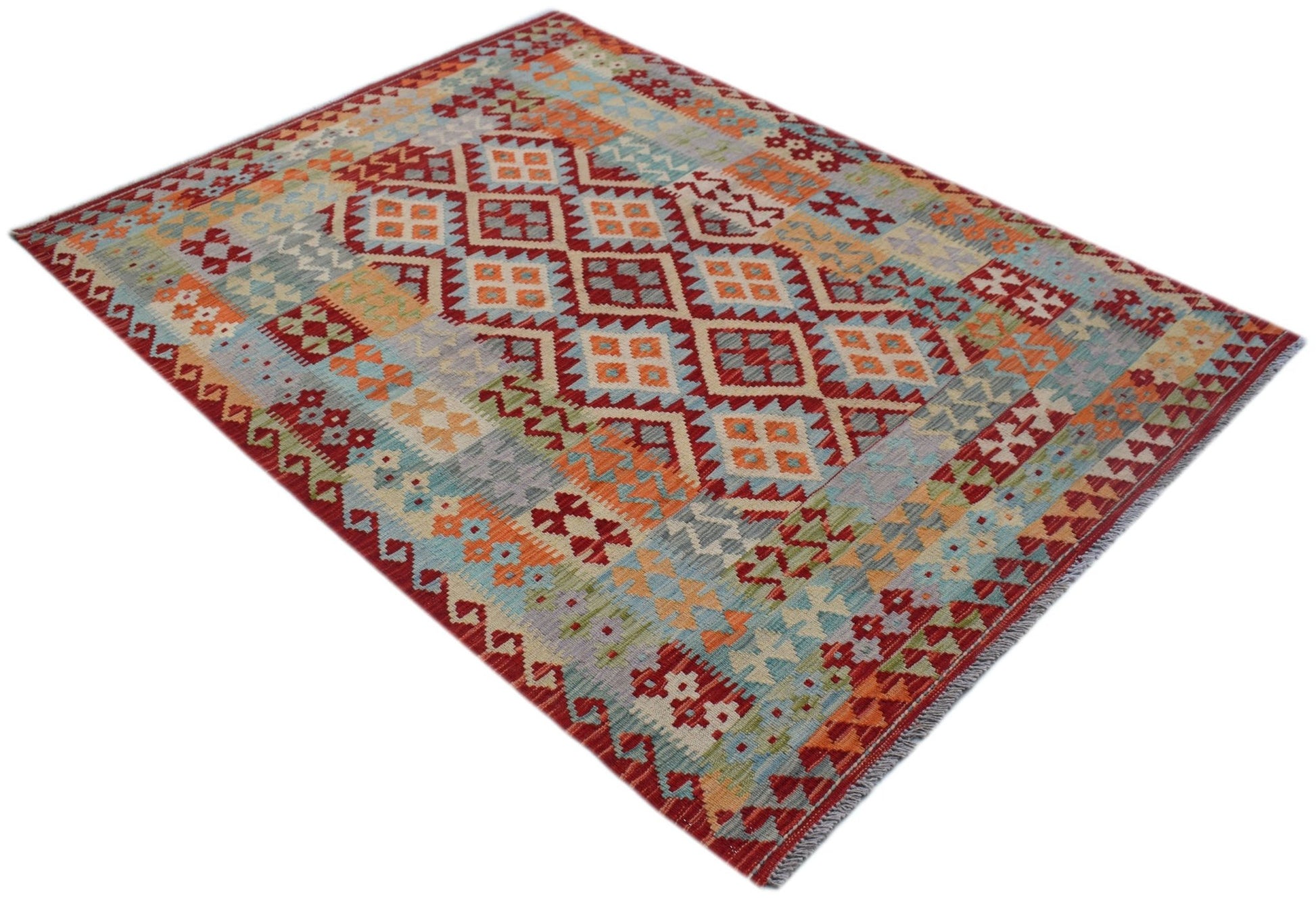 Handwoven Afghan Maimana kilim rug featuring a geometric pattern in red, orange, and blue tones.