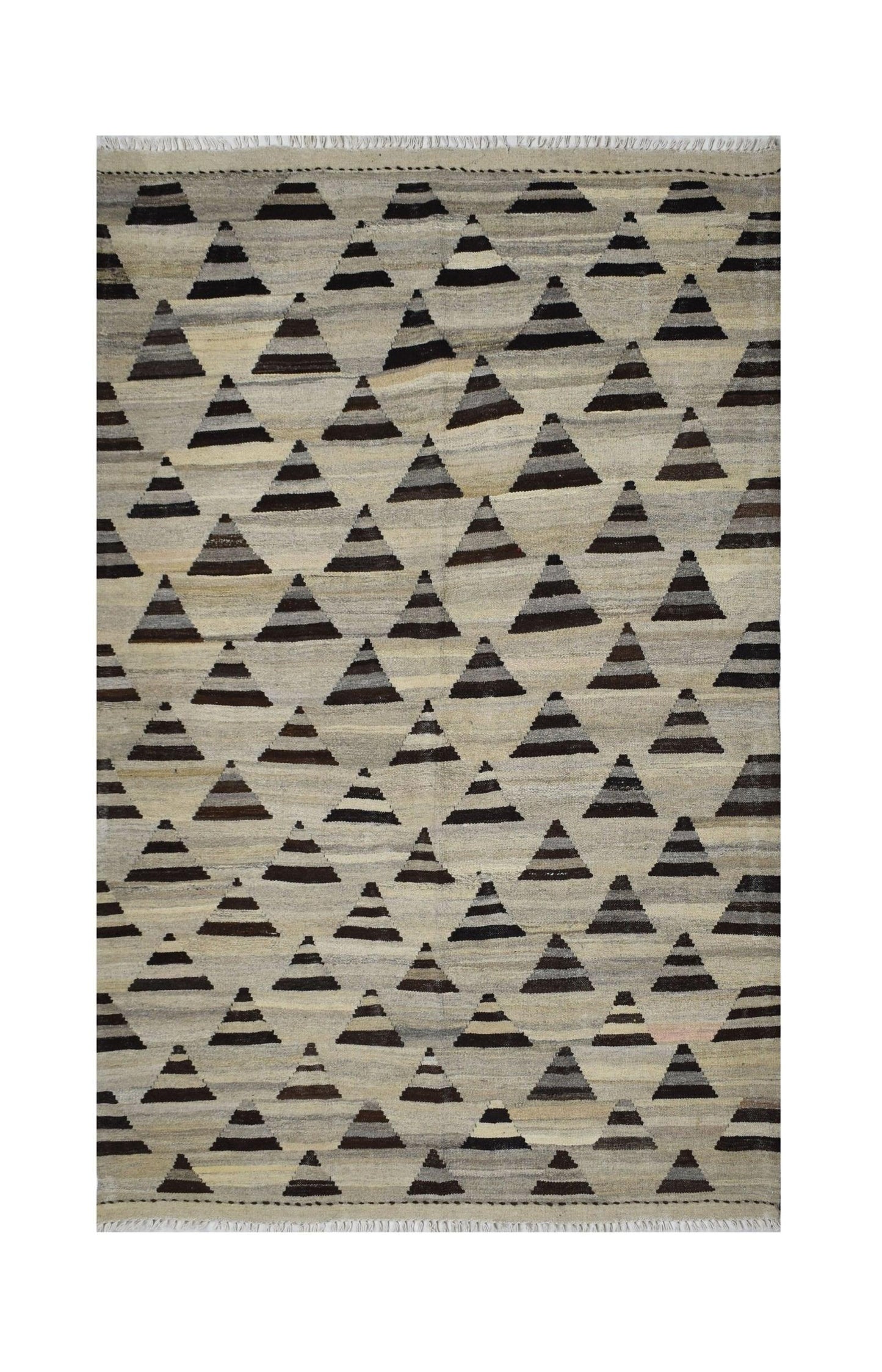 Handmade Afghan Maimana kilim rug featuring a repeating pattern of dark striped triangles.