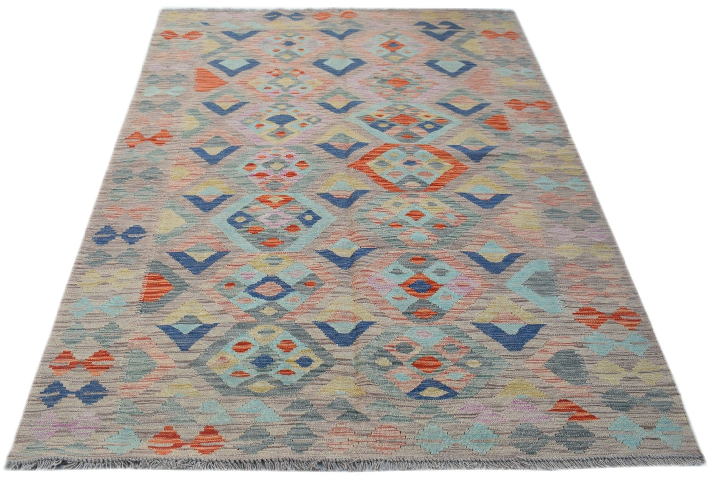Handwoven Afghan Maimana kilim rug featuring a colorful geometric diamond pattern on a grey base.