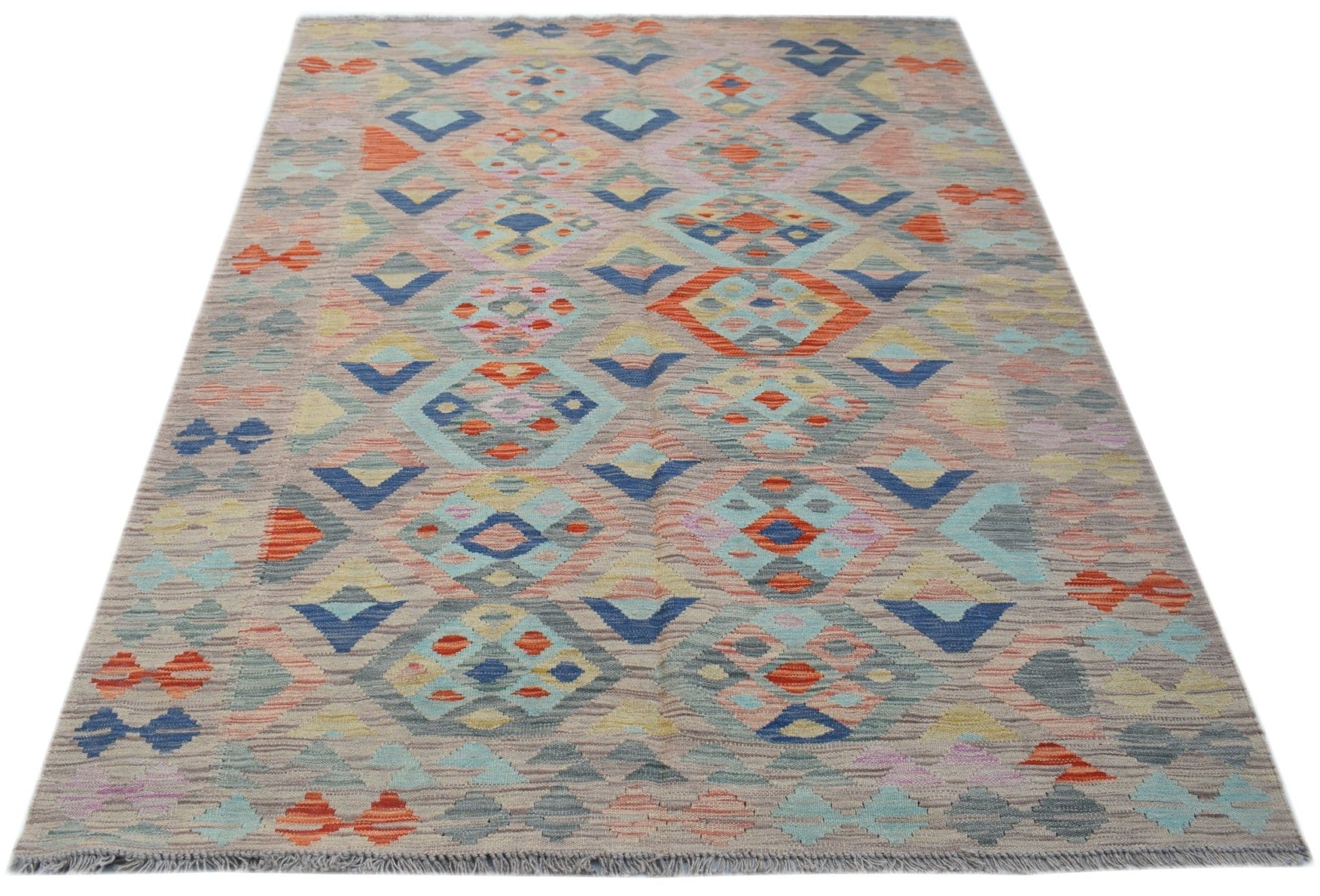 Handwoven Afghan Maimana kilim rug featuring a colorful geometric diamond pattern on a grey base.