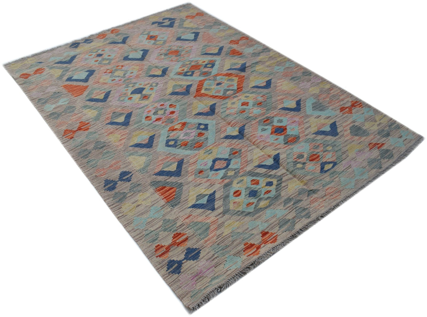 A rectangular Afghan Maimana kilim rug featuring a colorful geometric pattern on a grey background.