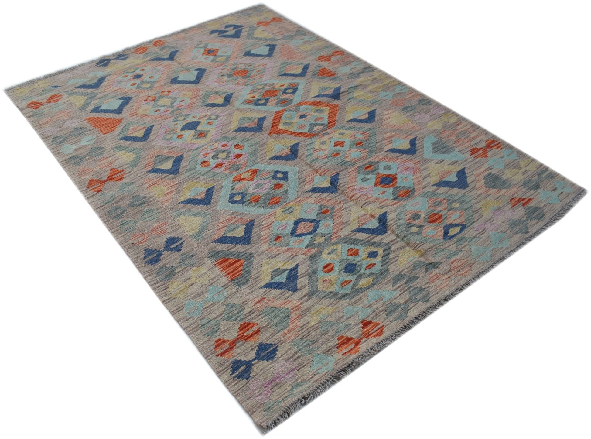 A rectangular Afghan Maimana kilim rug featuring a colorful geometric pattern on a grey background.
