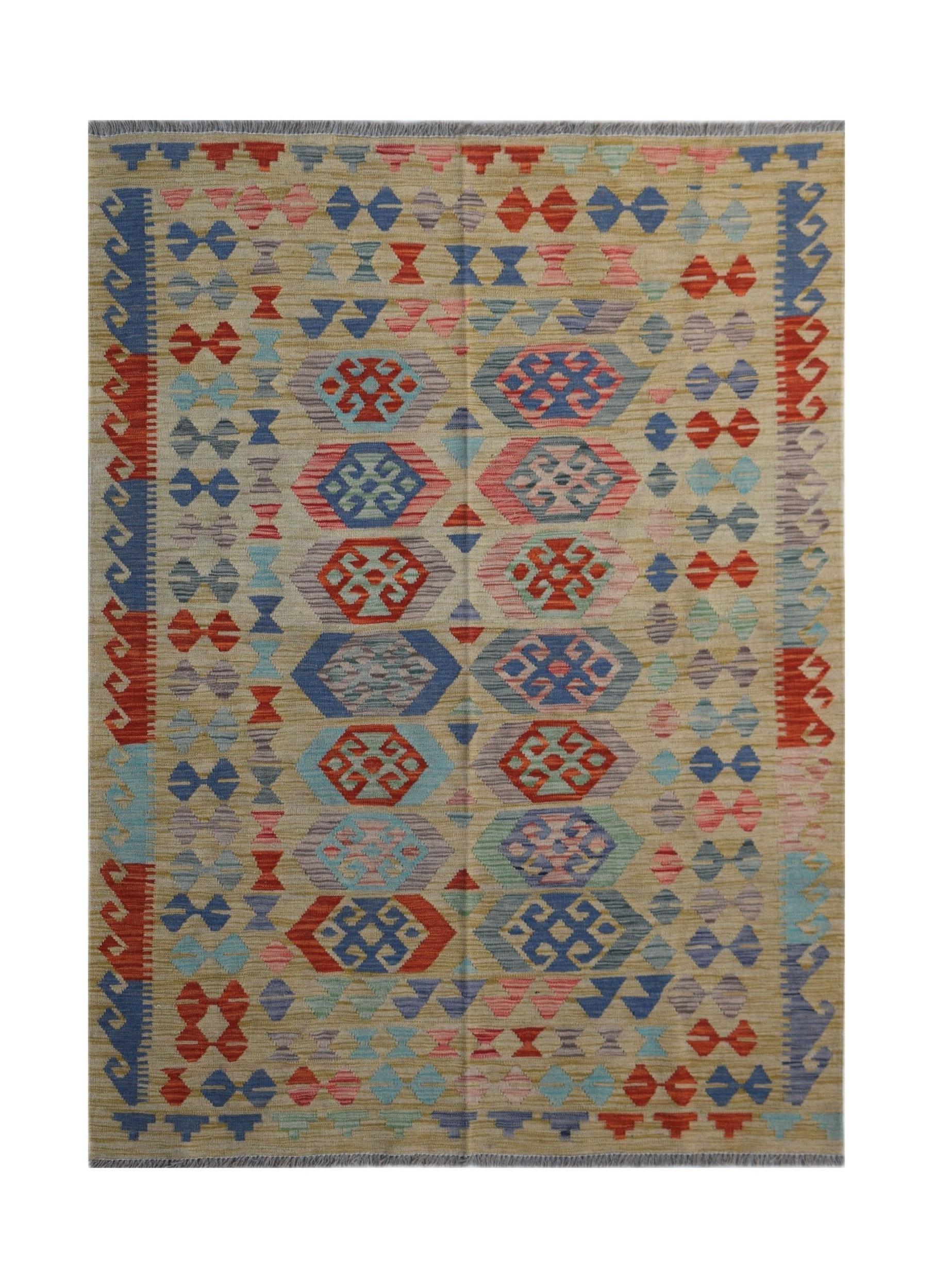 Handwoven Afghan Maimana kilim rug featuring a geometric pattern in red, blue, and neutral tones.