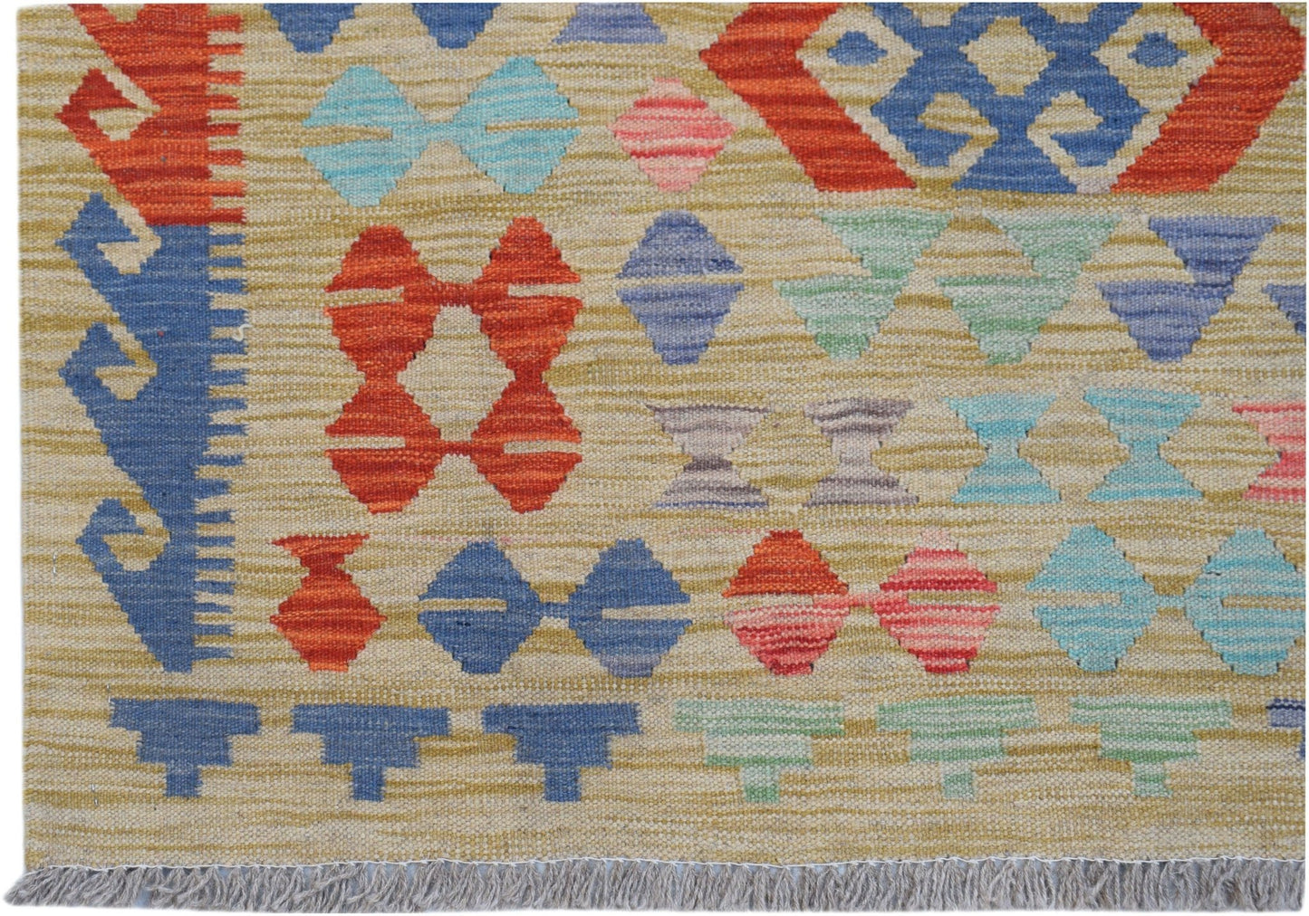 Handwoven Afghan Maimana kilim featuring a geometric pattern in vibrant multicolored wool.