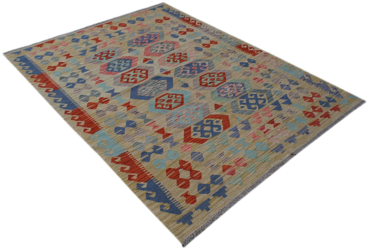 Handwoven Afghan Maimana kilim rug featuring a geometric pattern in red, blue, and beige tones.