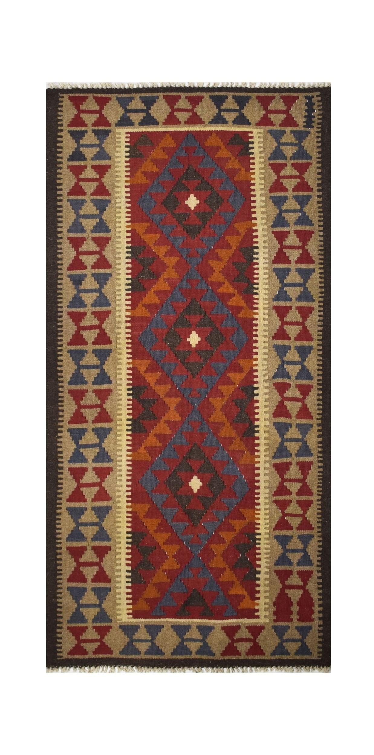 Handmade Afghan Maimana kilim rug featuring a geometric diamond pattern in red, blue, and tan.