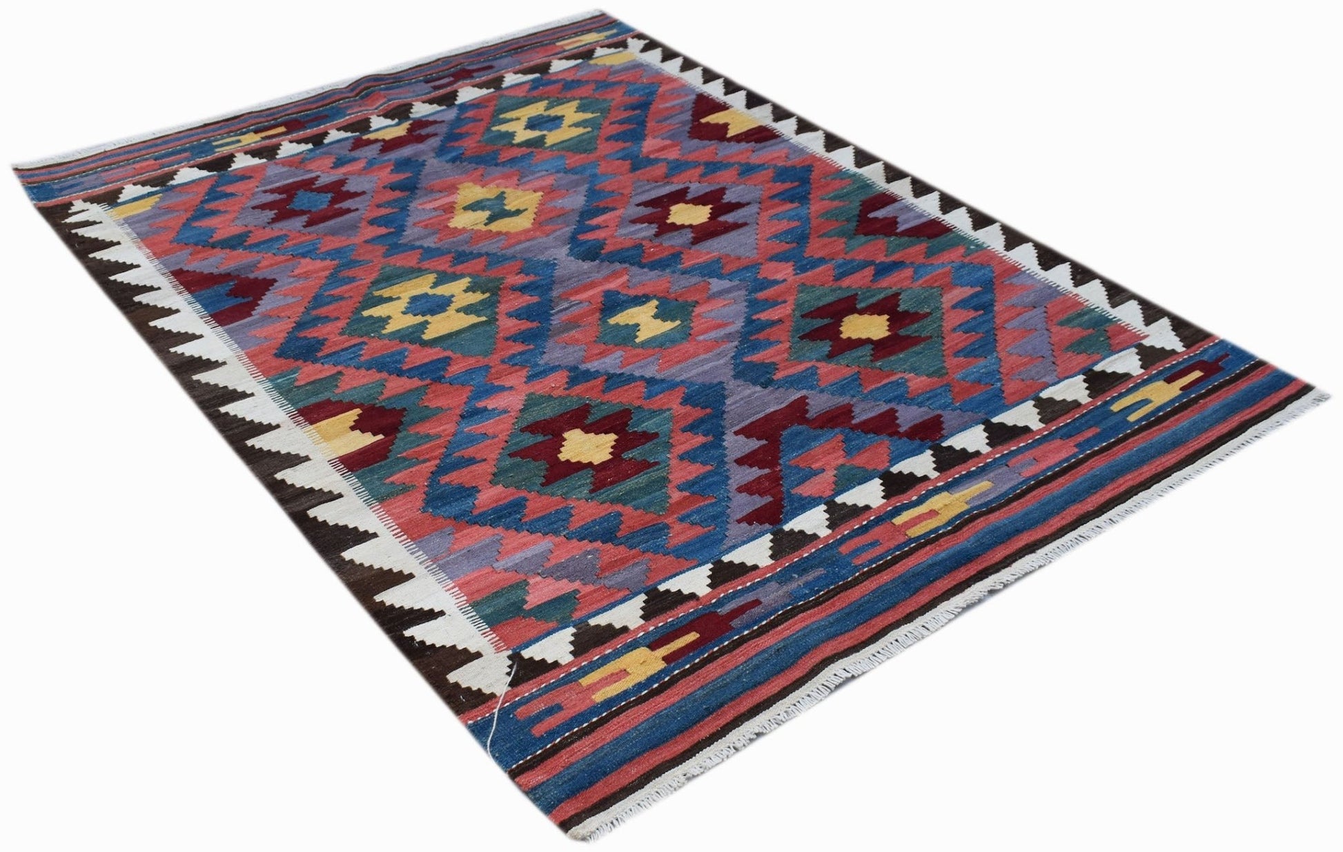Handwoven Afghan Maimana kilim rug featuring a colorful geometric diamond pattern.