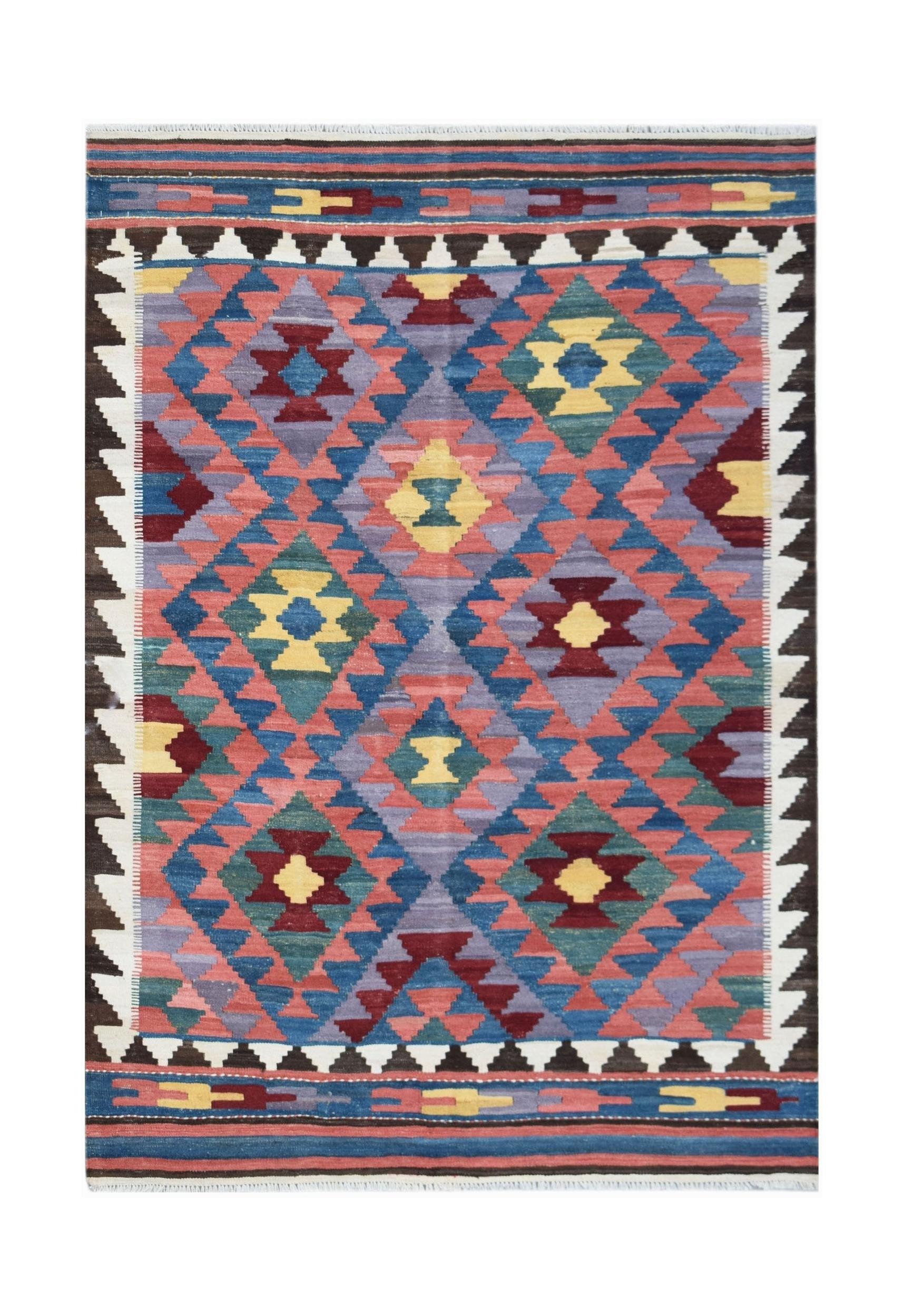 Handwoven Afghan Maimana kilim rug featuring a colorful geometric diamond pattern.