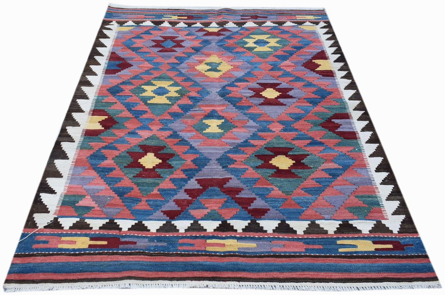 Handwoven Afghan Maimana wool kilim featuring a colorful geometric diamond pattern.