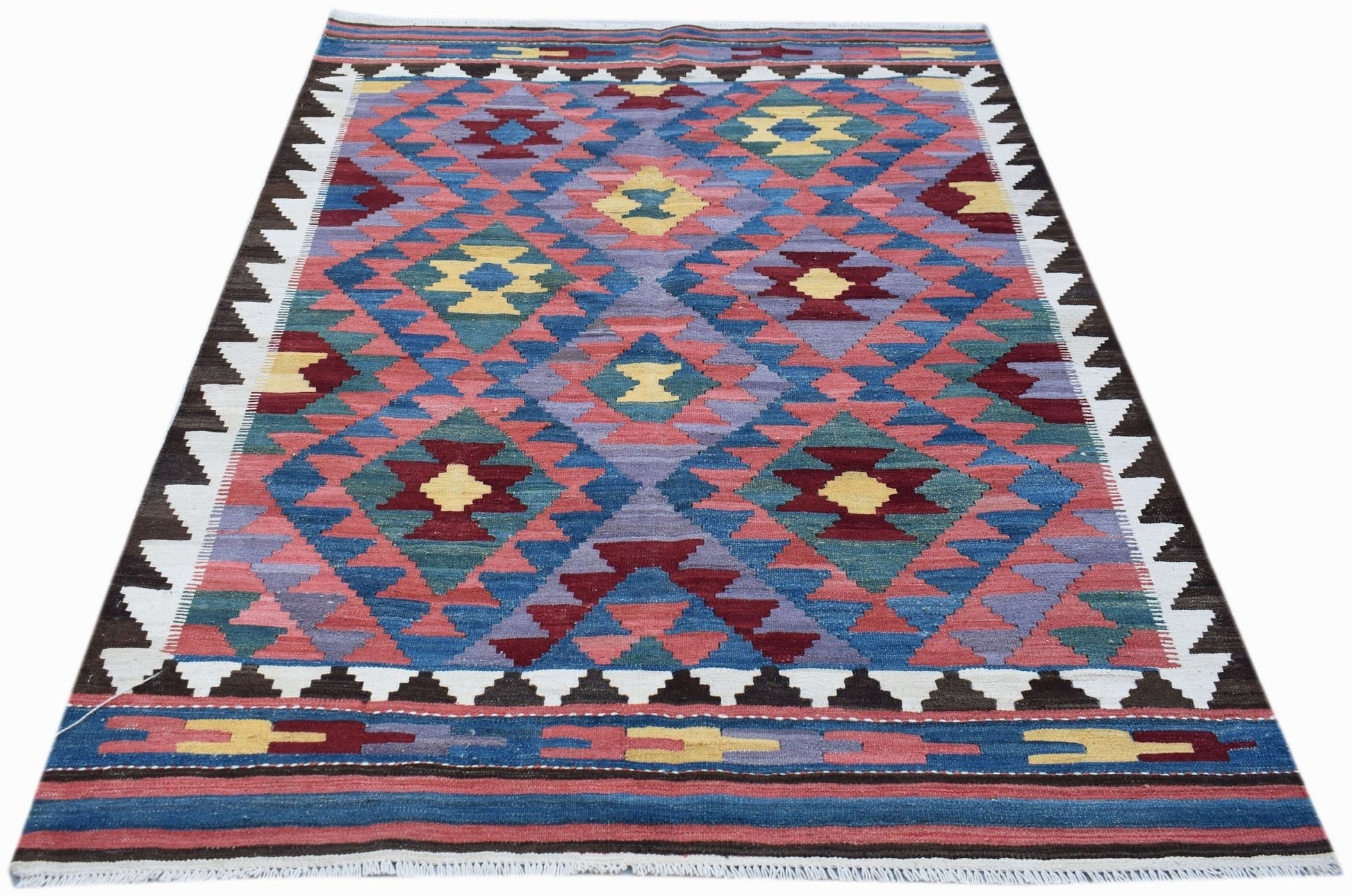 Handwoven Afghan Maimana wool kilim featuring a colorful geometric diamond pattern.