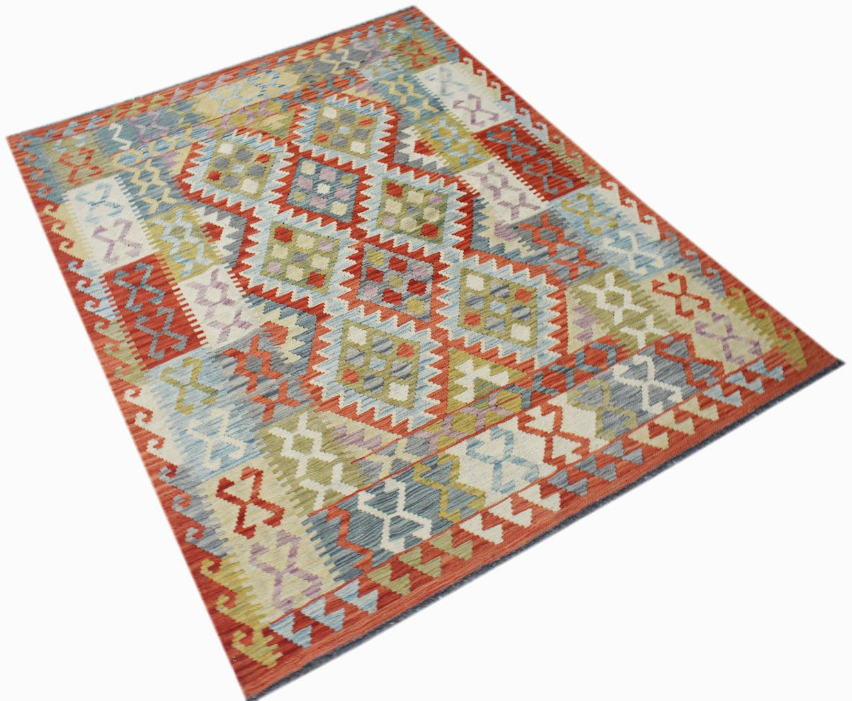 Handwoven Afghan Maimana kilim rug featuring a colorful geometric diamond pattern in wool.