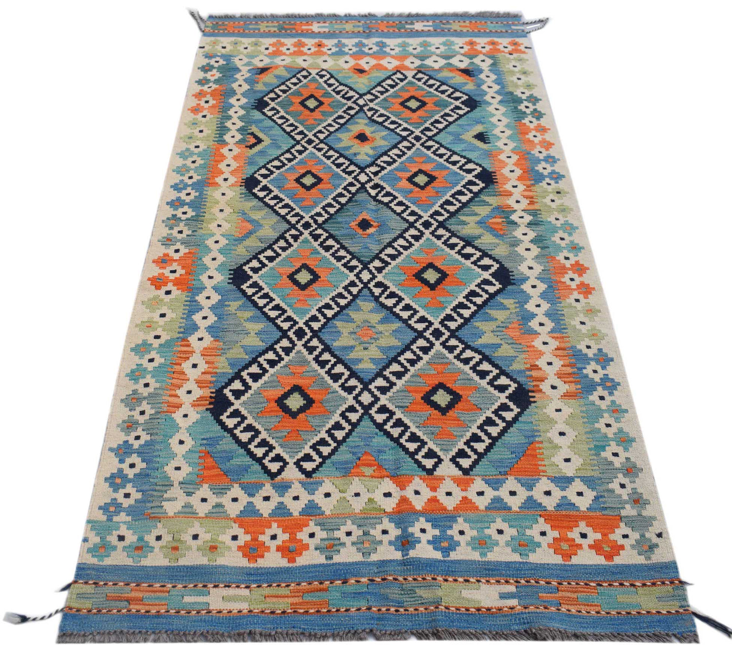 Handwoven Afghan Maimana kilim rug featuring a geometric diamond pattern in blue and orange.
