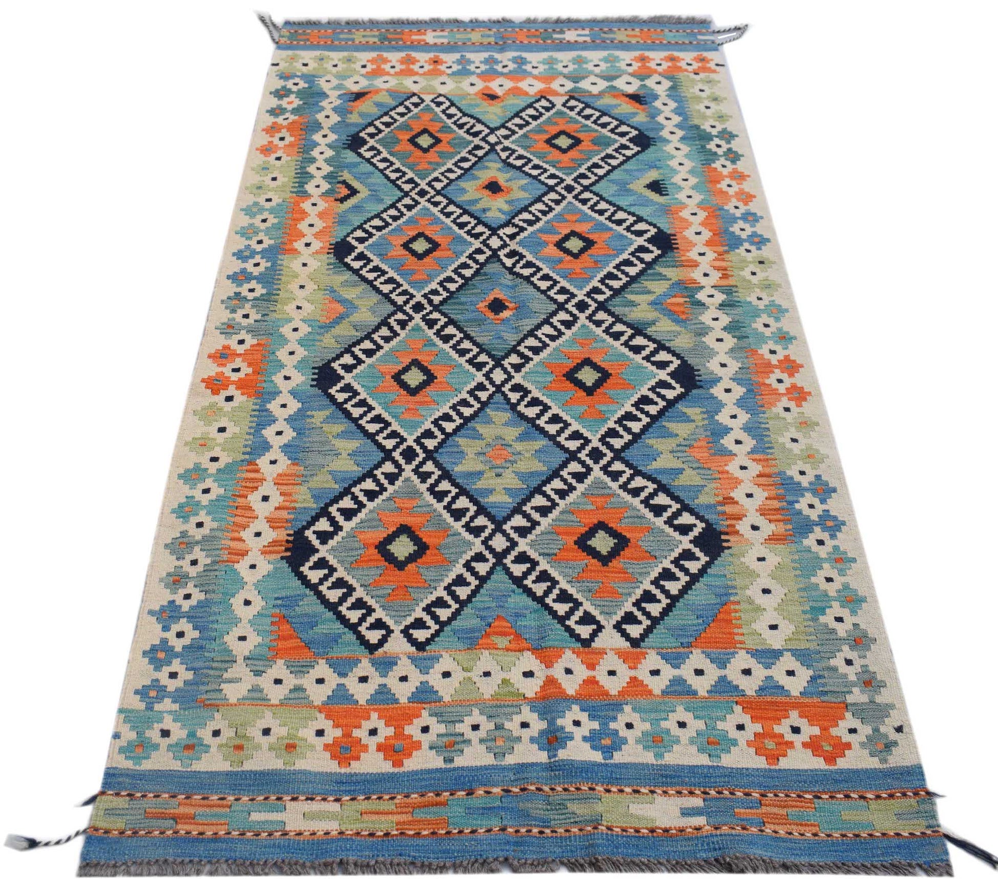 Handwoven Afghan Maimana kilim rug featuring a geometric diamond pattern in blue and orange.