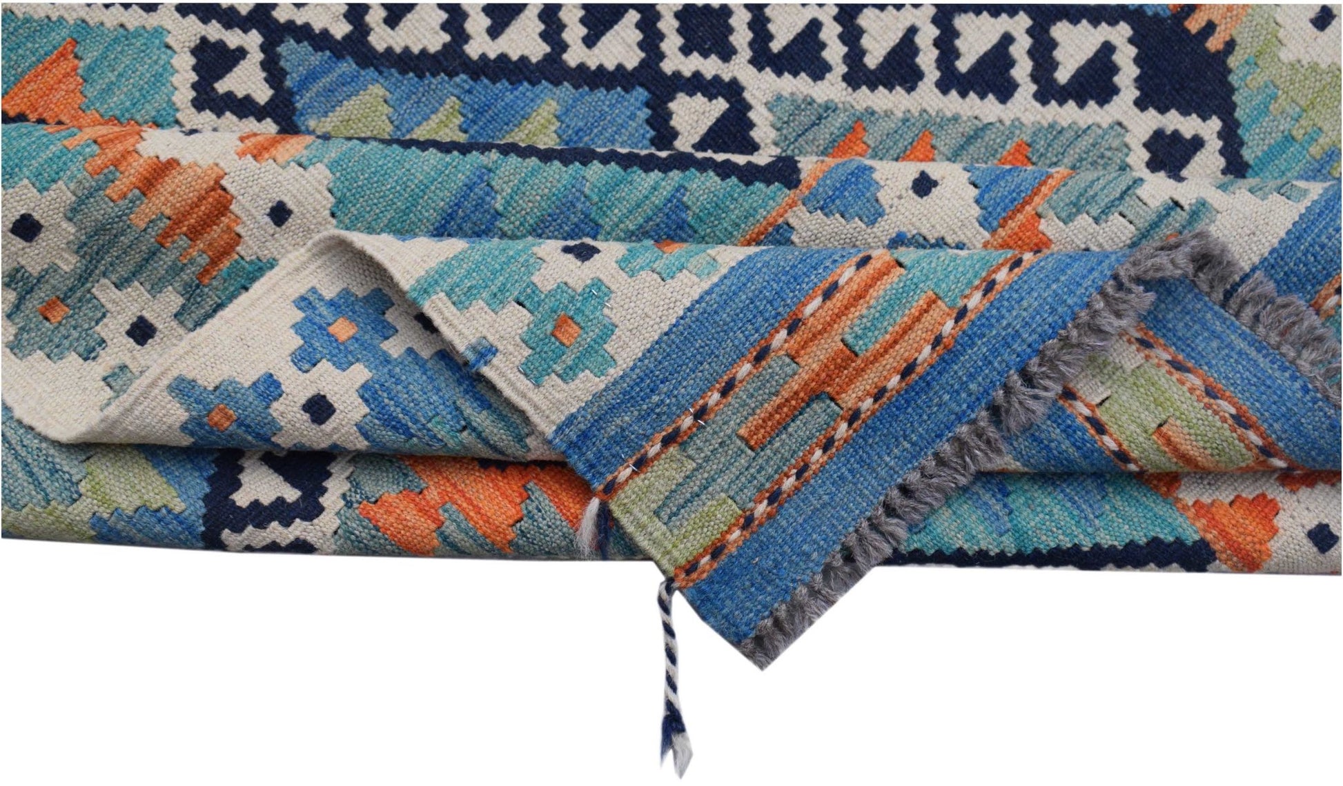 A handwoven Afghan Maimana kilim rug featuring a geometric pattern in blue, orange, and green.