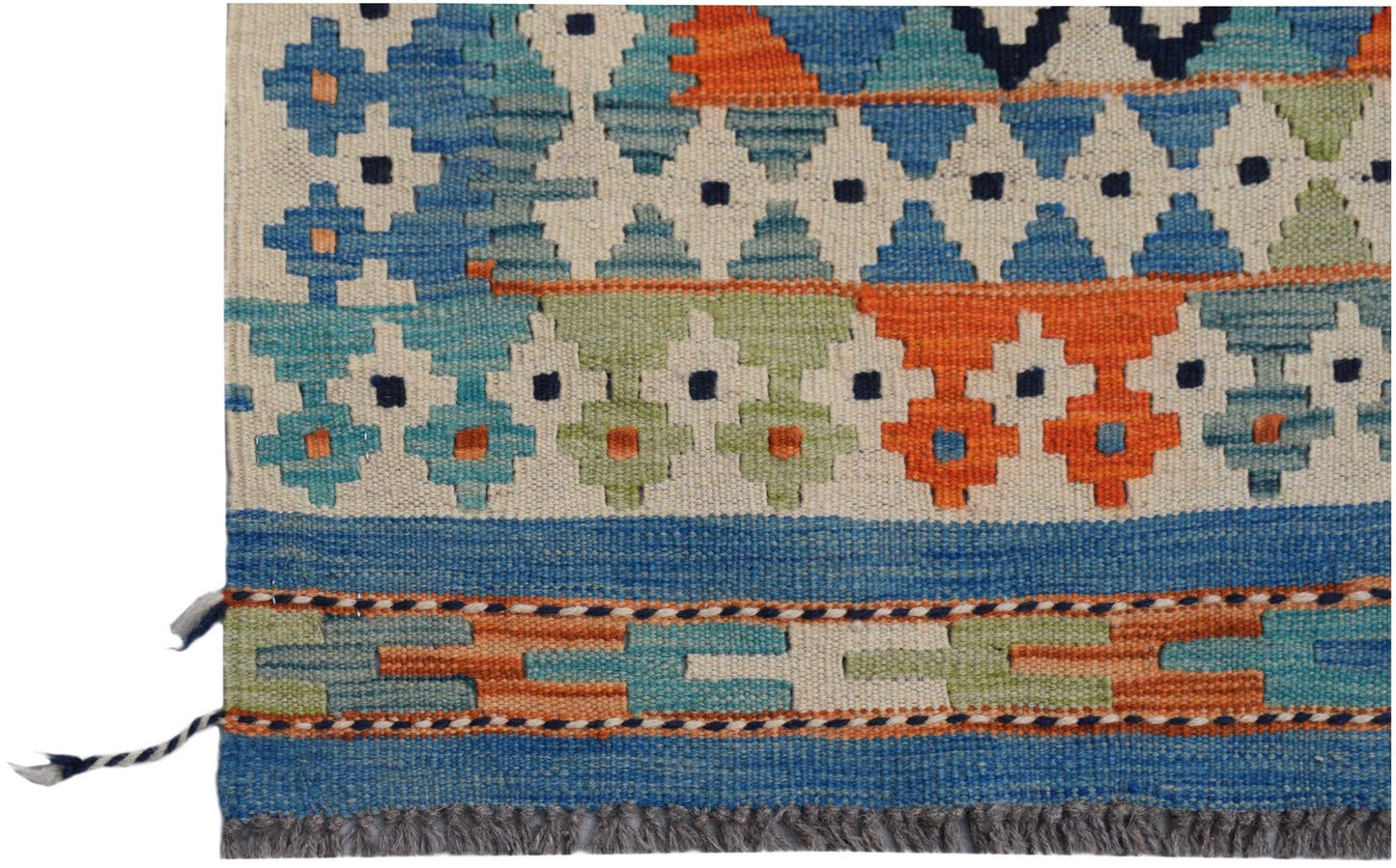 Handwoven Afghan Maimana kilim featuring a geometric pattern in blue, orange, and green wool.