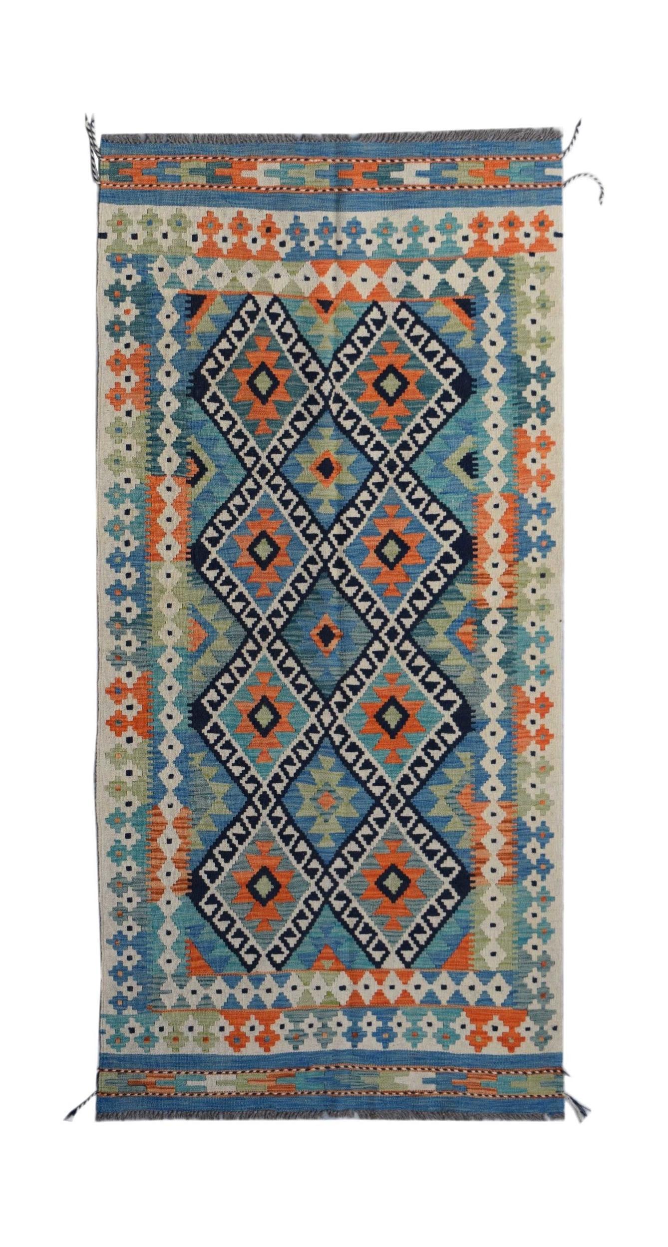 Handwoven Afghan Maimana kilim rug featuring a geometric diamond pattern in blue and orange wool.