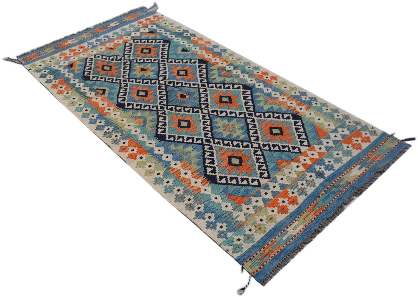 Handwoven Afghan Maimana kilim rug featuring a geometric diamond pattern in blue and orange.