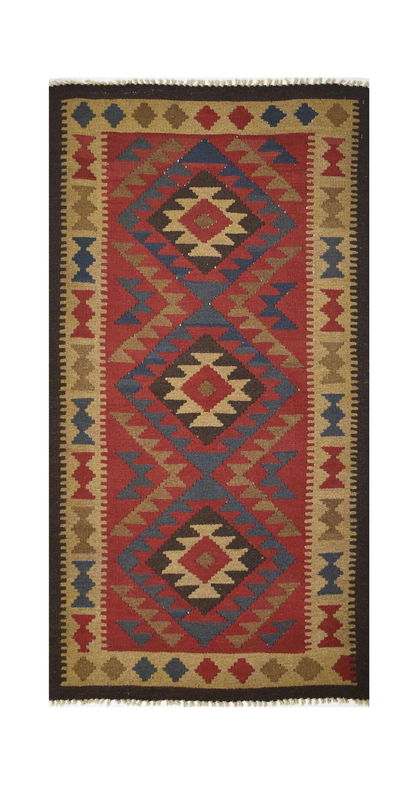 Handmade Afghan Maimana kilim rug featuring a geometric diamond pattern in red, blue, and tan.