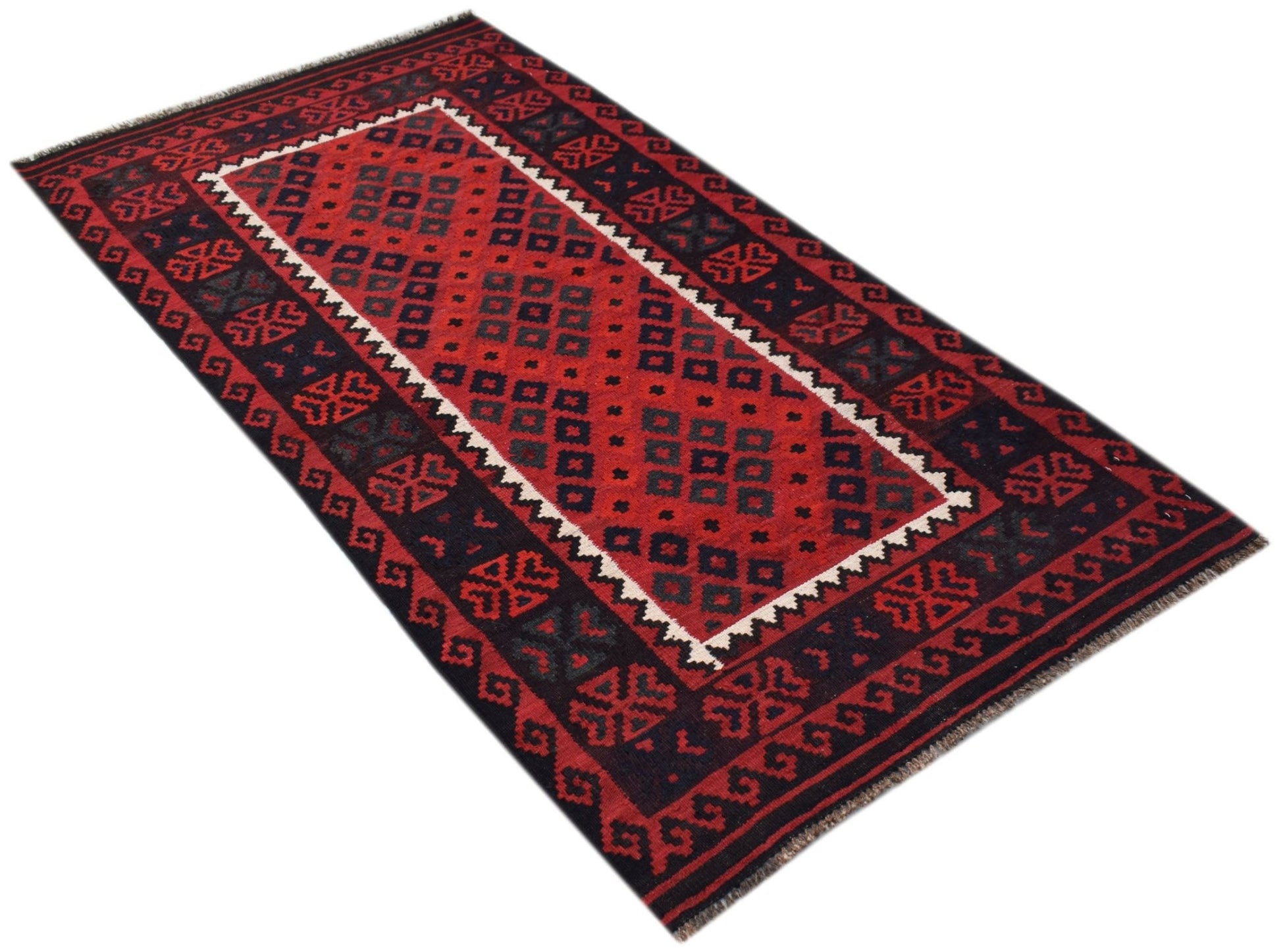 Handwoven Afghan Maimana kilim rug featuring a geometric pattern in red and dark blue.