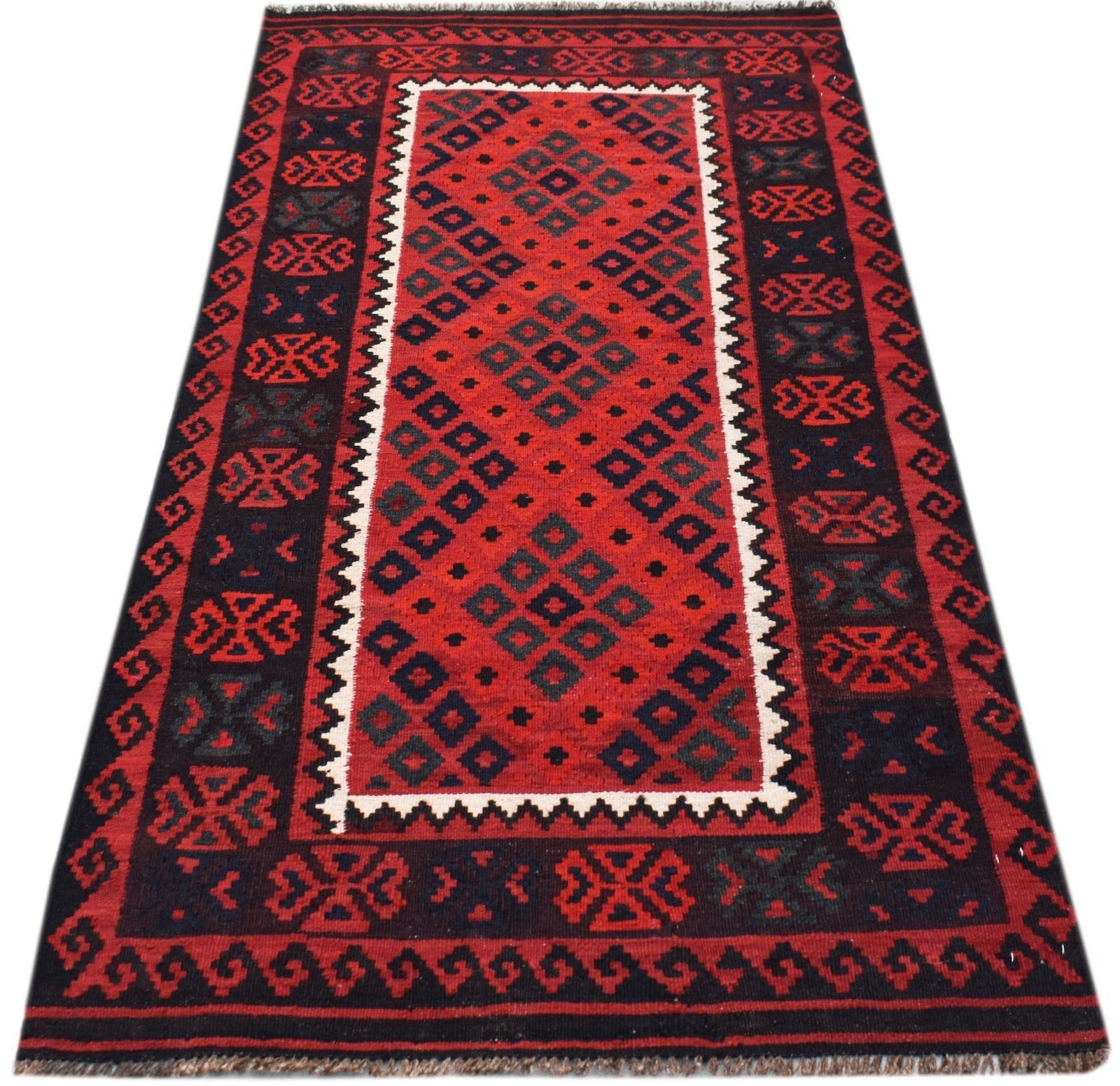 Handwoven Afghan Maimana kilim featuring a red field with dark geometric diamond patterns.