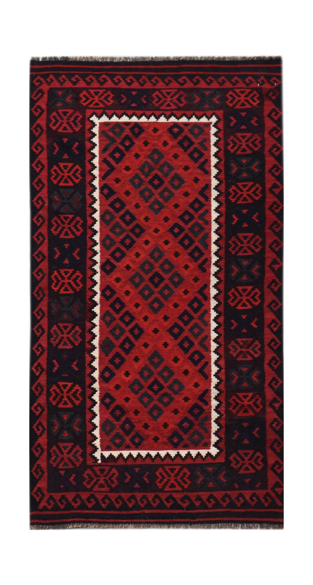 Handwoven Afghan Maimana kilim rug featuring a red field with black geometric diamond patterns.