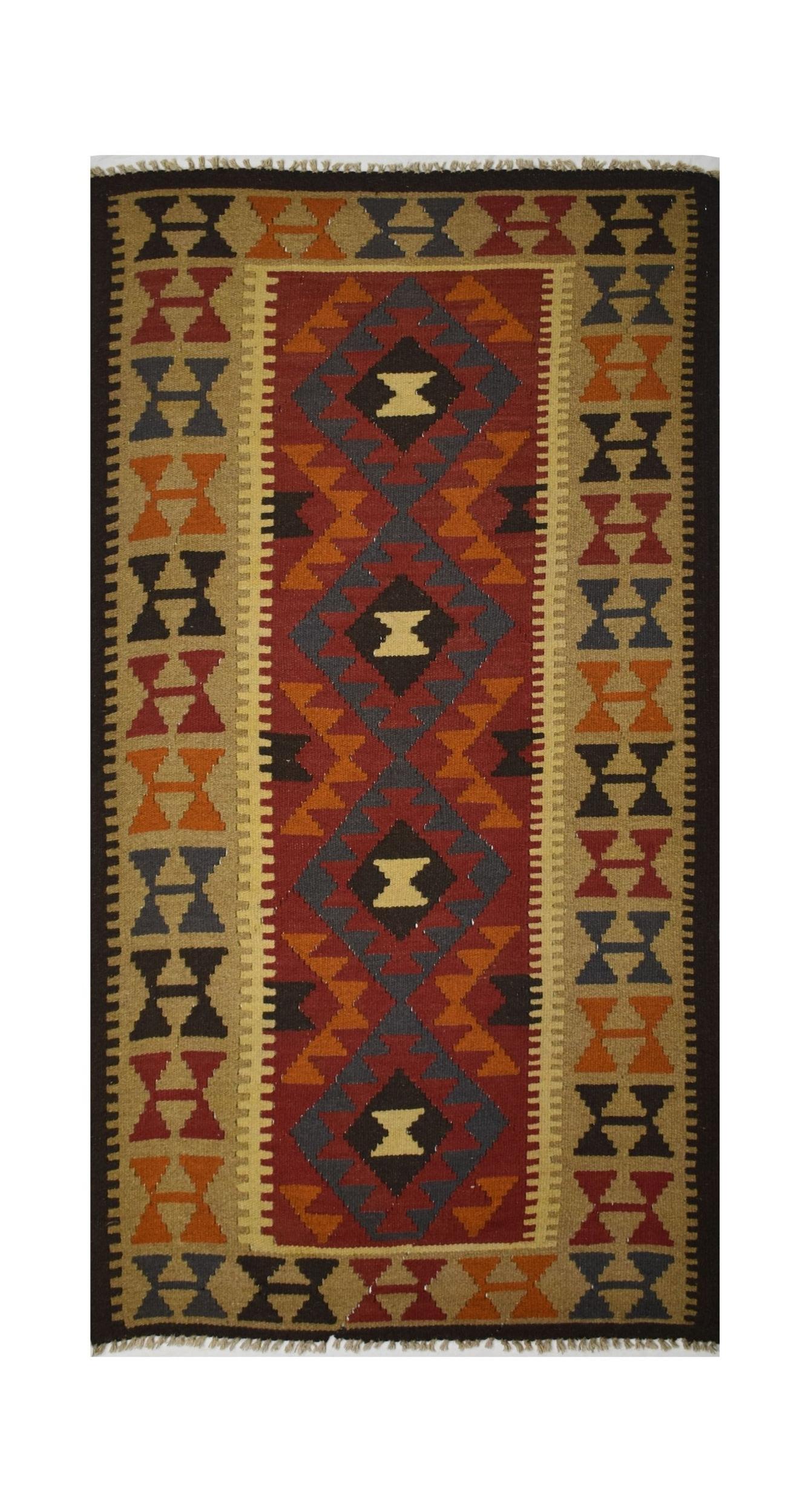 Handmade Afghan Maimana kilim rug featuring a geometric diamond pattern in earthy tones.