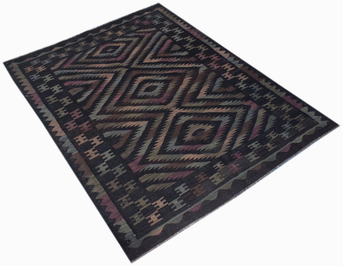 Handwoven Afghan Maimana kilim rug featuring a dark geometric diamond pattern in wool.
